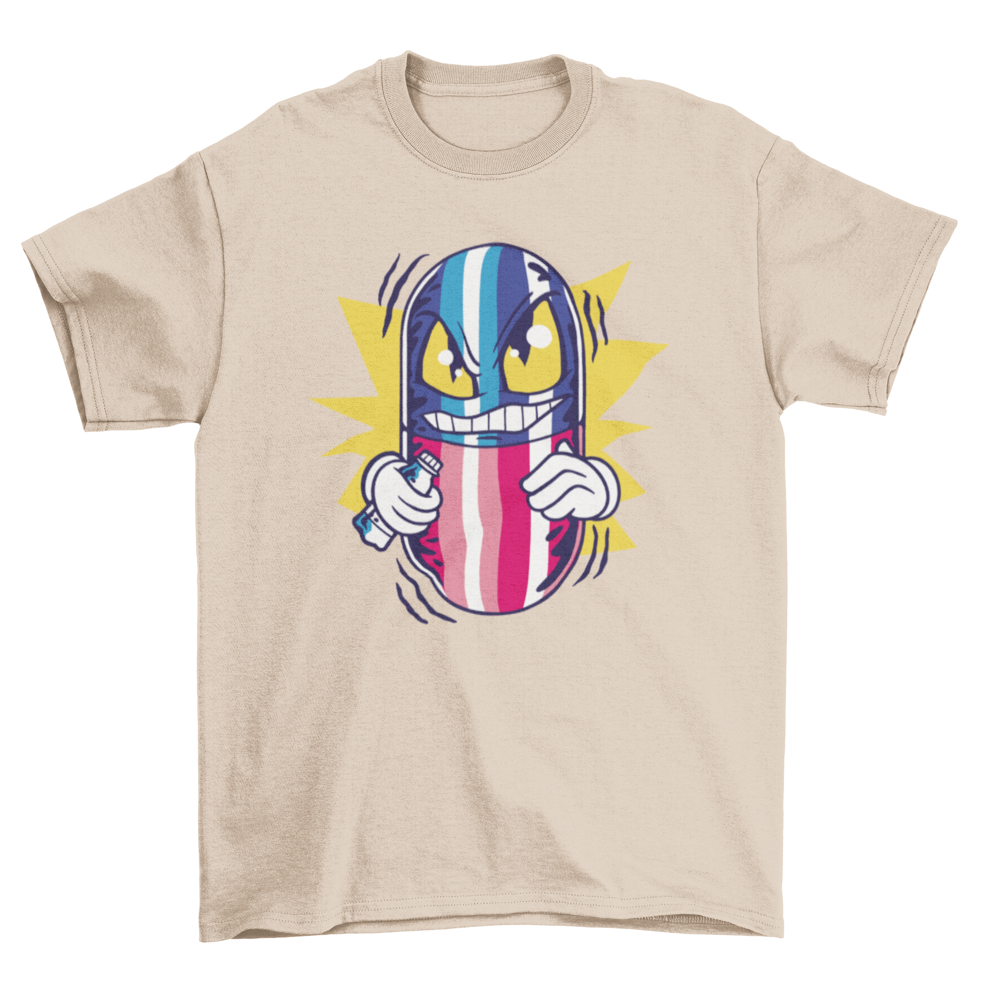 A colorful t-shirt featuring a cartoon pill with a funny face, showcasing a playful and humorous design.