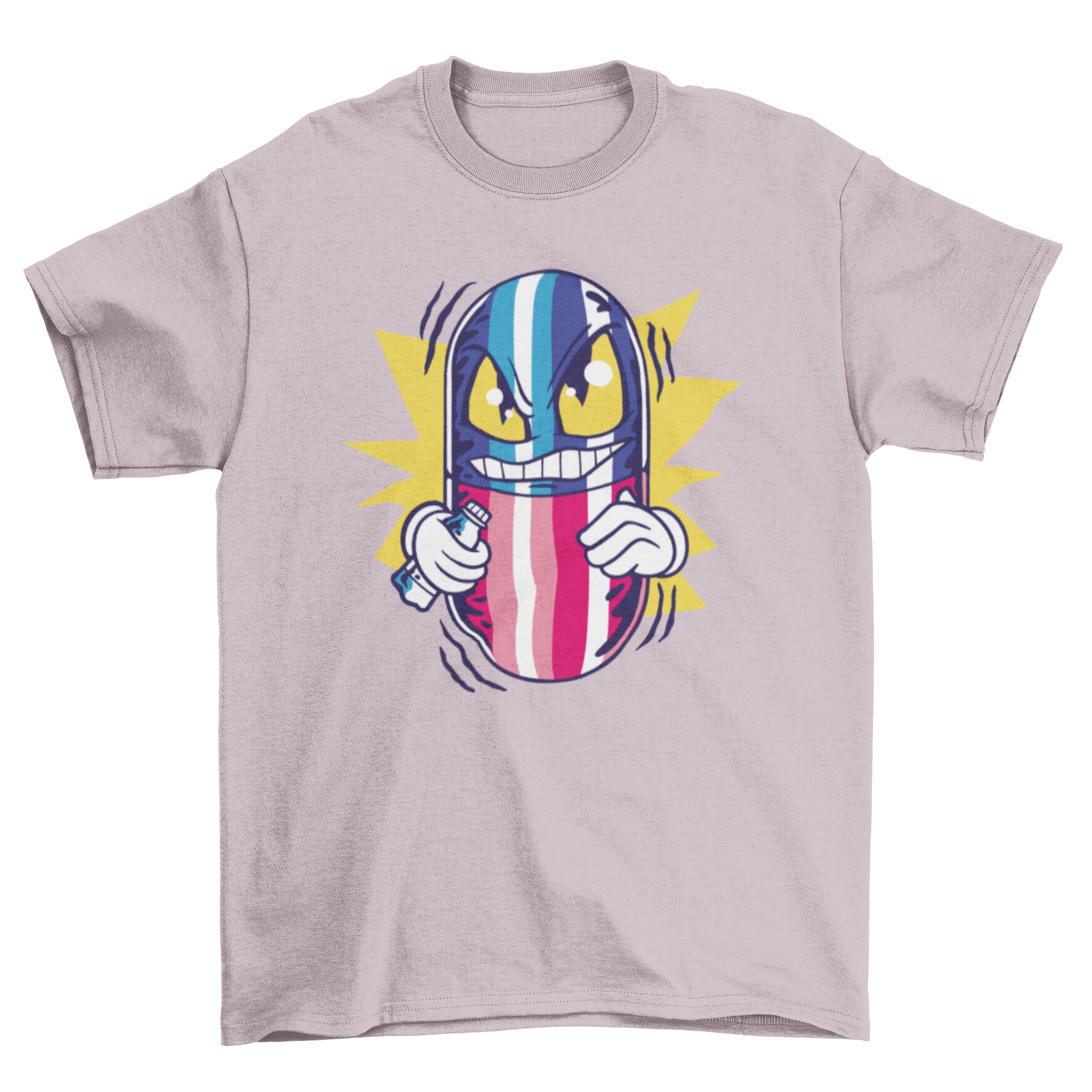 A colorful t-shirt featuring a cartoon pill with a funny face, showcasing a playful and humorous design.