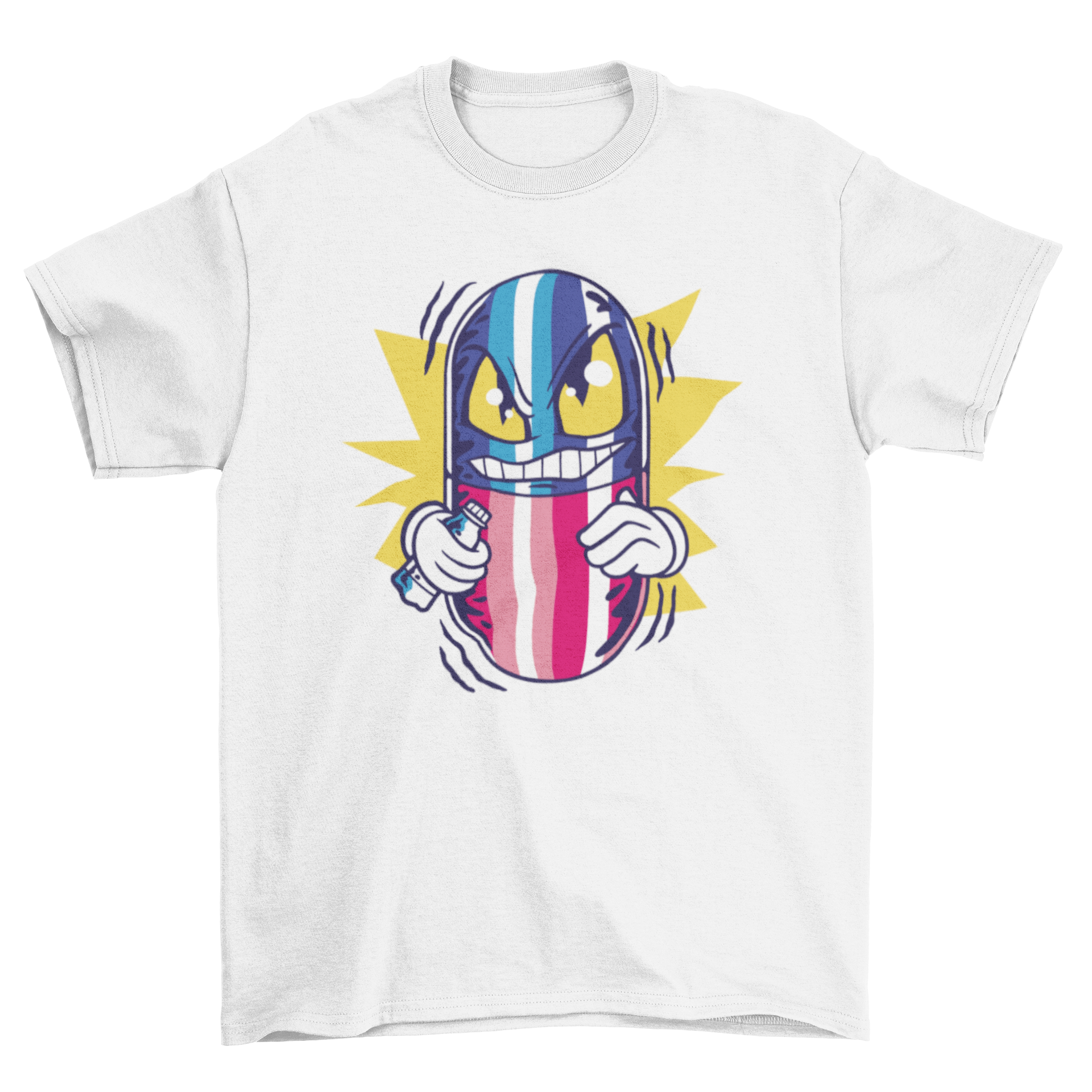 A colorful t-shirt featuring a cartoon pill with a funny face, showcasing a playful and humorous design.