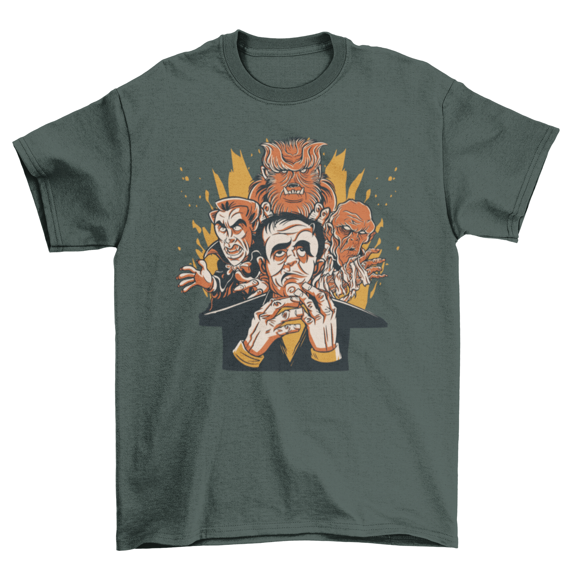 Cartoon monsters and creatures t-shirt featuring Frankenstein, Dracula, and other classic horror characters in vibrant colors.