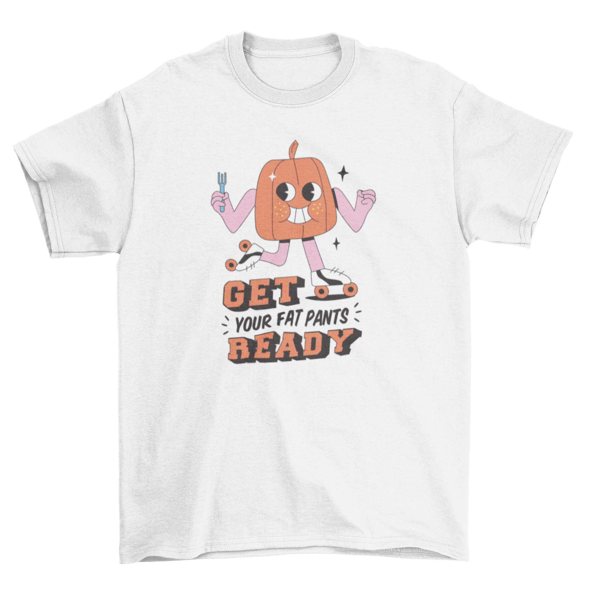 A humorous Cartoon Pumpkin Thanksgiving T-shirt featuring a skating pumpkin and the quote 'Get your fat pants ready'.