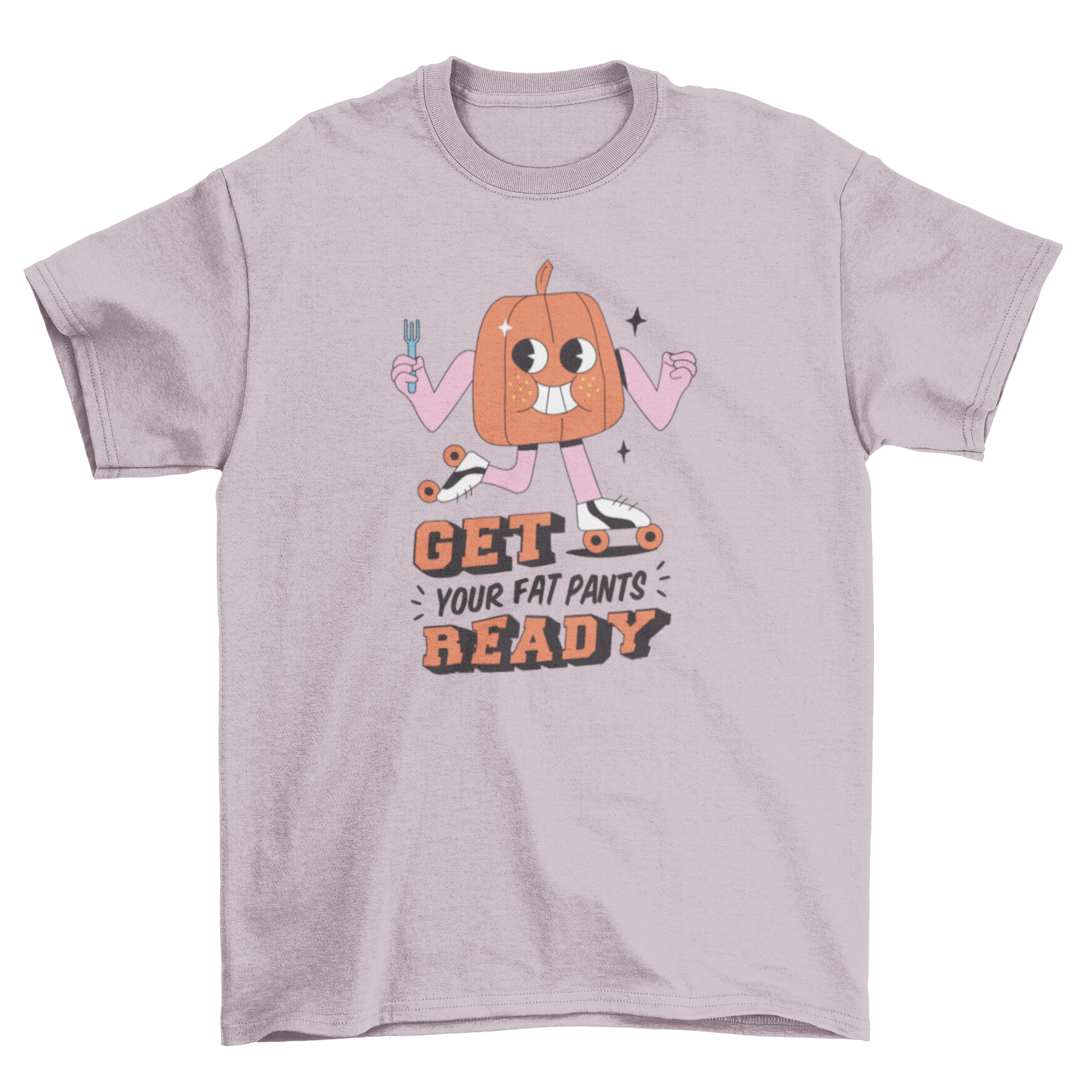 A humorous Cartoon Pumpkin Thanksgiving T-shirt featuring a skating pumpkin and the quote 'Get your fat pants ready'.