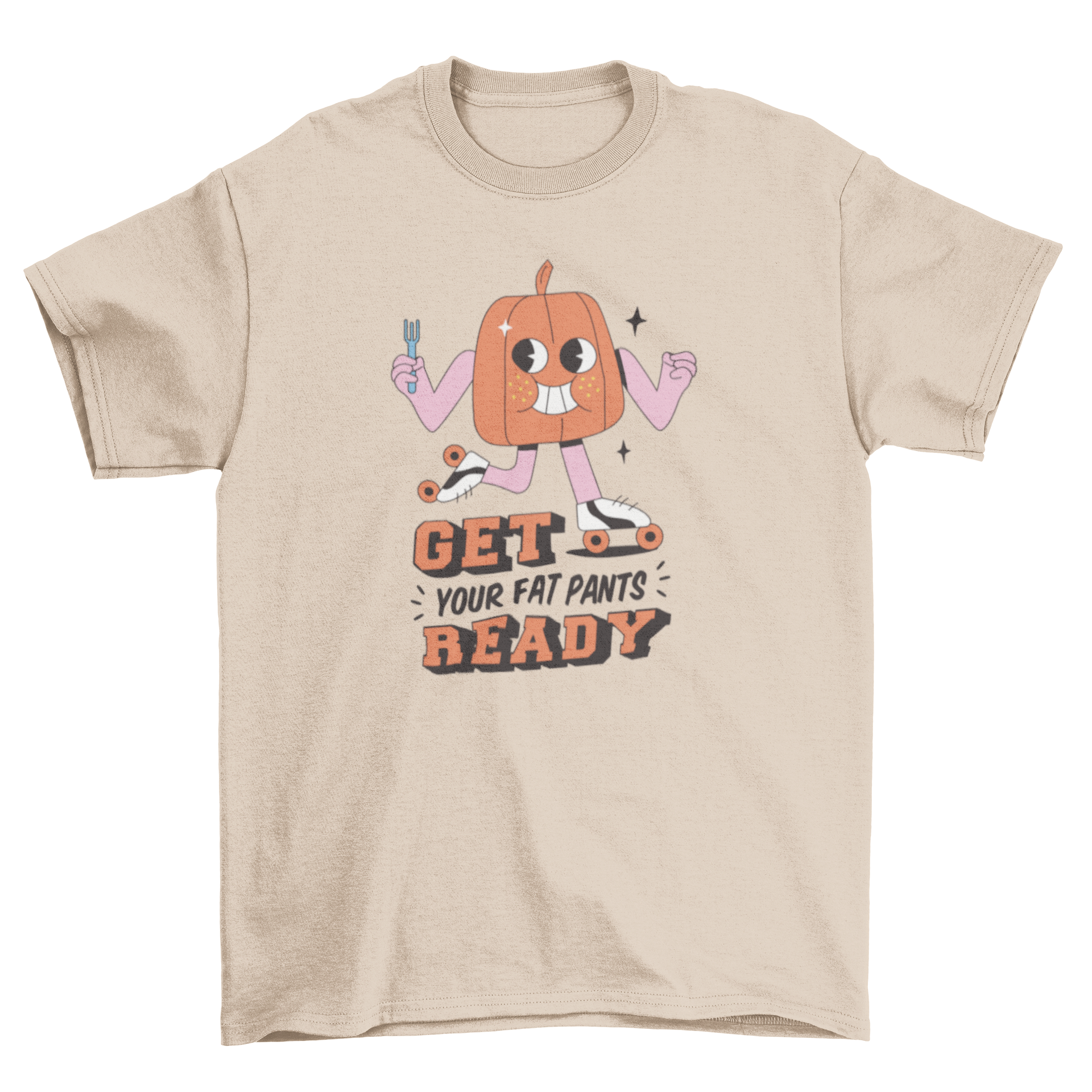 A humorous Cartoon Pumpkin Thanksgiving T-shirt featuring a skating pumpkin and the quote 'Get your fat pants ready'.