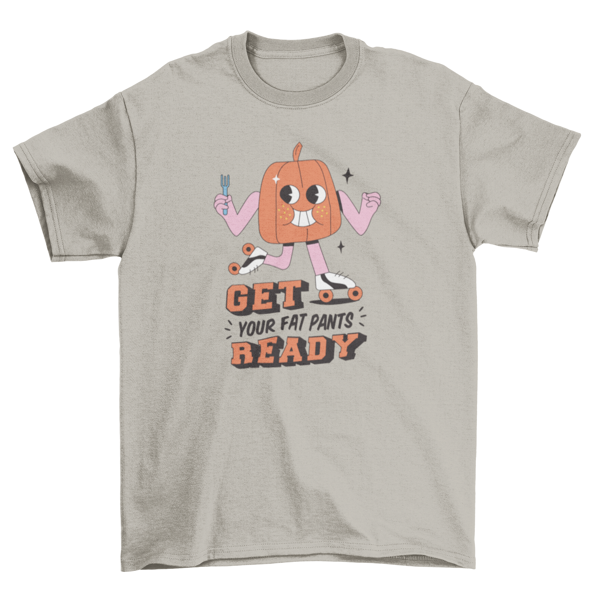 A humorous Cartoon Pumpkin Thanksgiving T-shirt featuring a skating pumpkin and the quote 'Get your fat pants ready'.