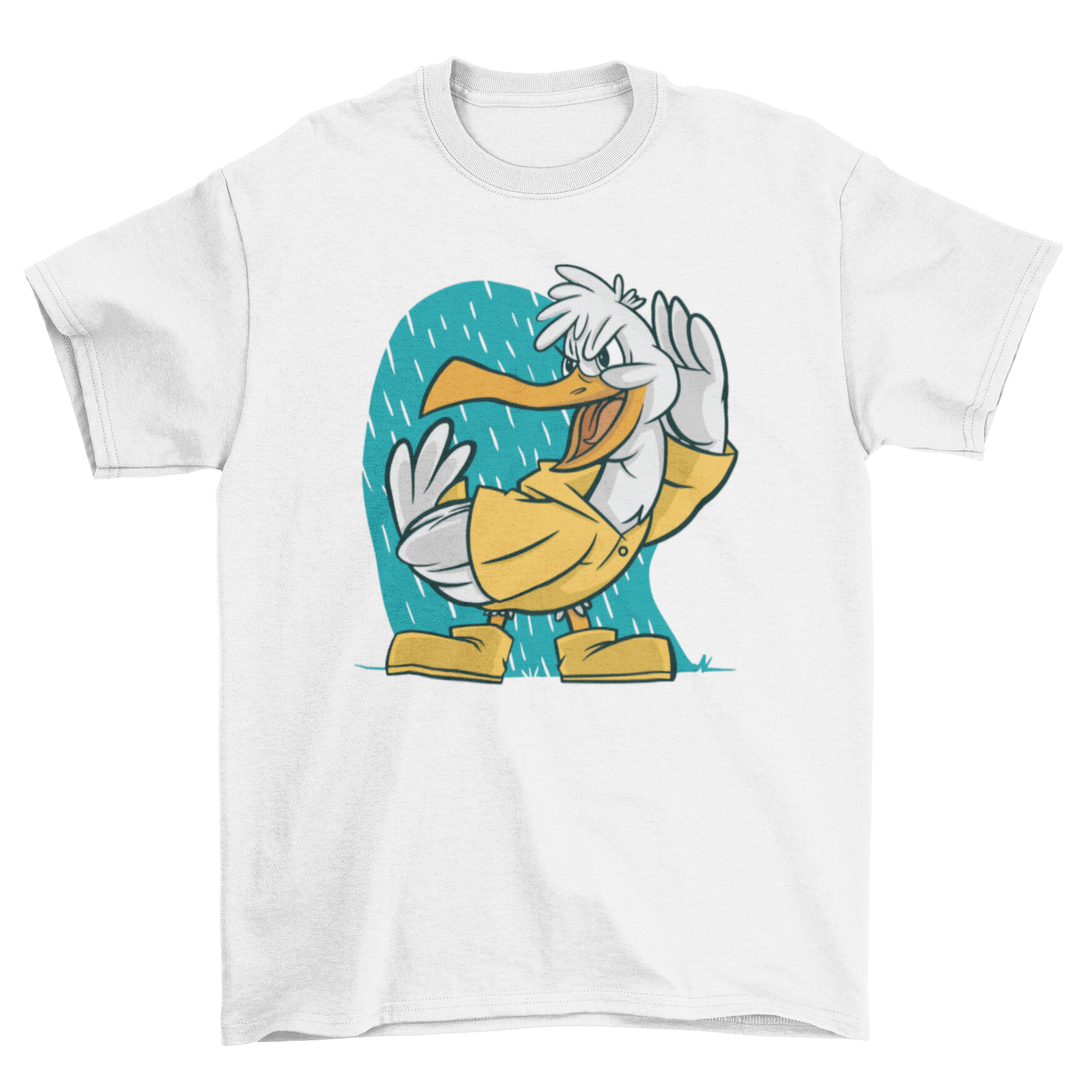 A colorful cartoon seagull graphic on a t-shirt, showcasing a playful design perfect for beach-themed merchandise.