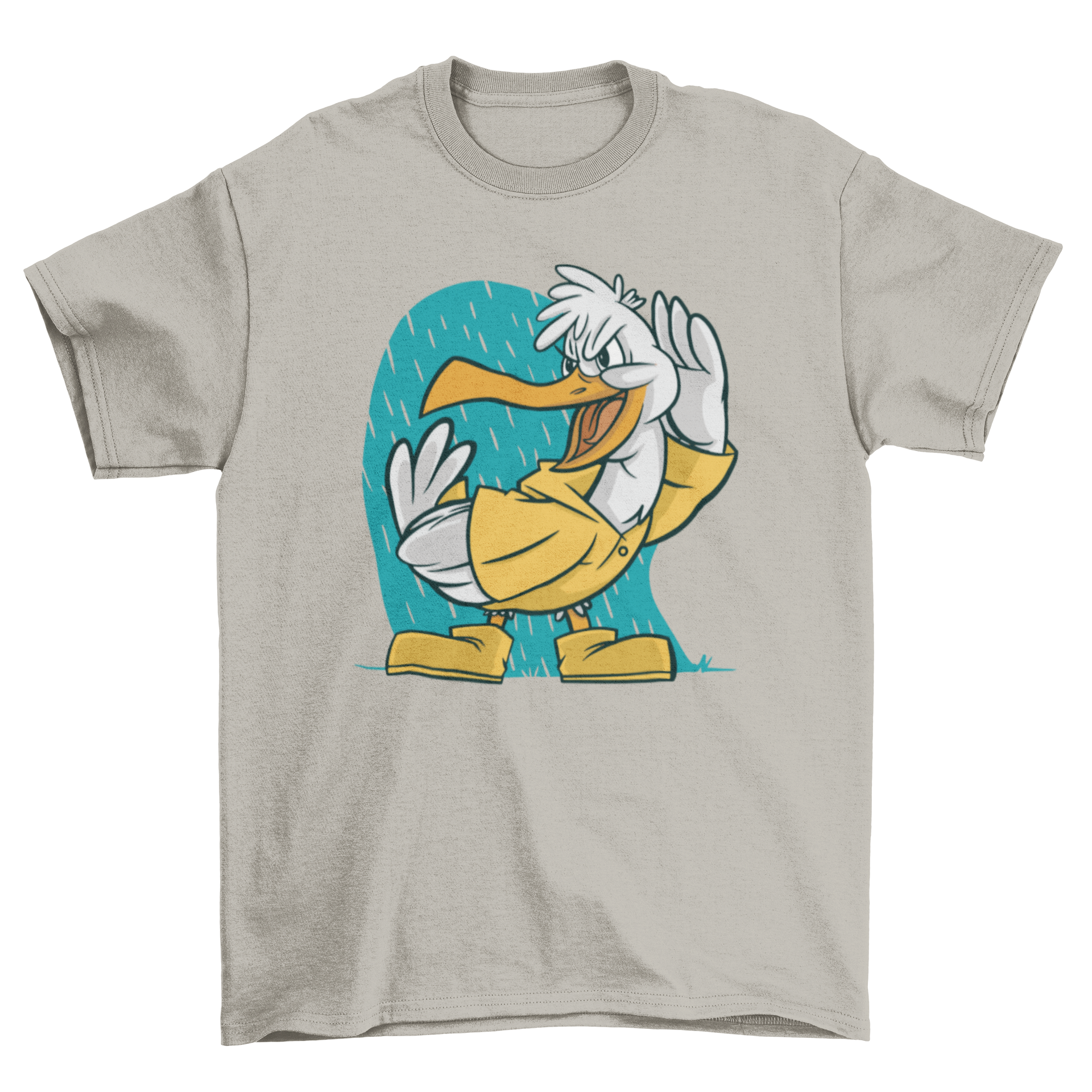 A colorful cartoon seagull graphic on a t-shirt, showcasing a playful design perfect for beach-themed merchandise.