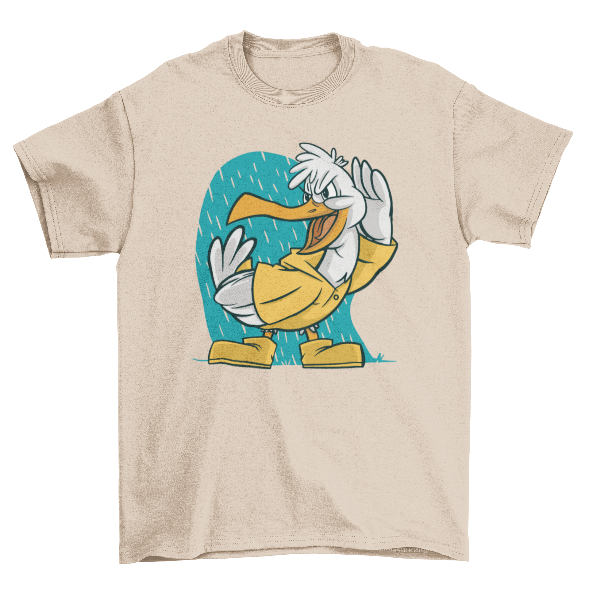 A colorful cartoon seagull graphic on a t-shirt, showcasing a playful design perfect for beach-themed merchandise.