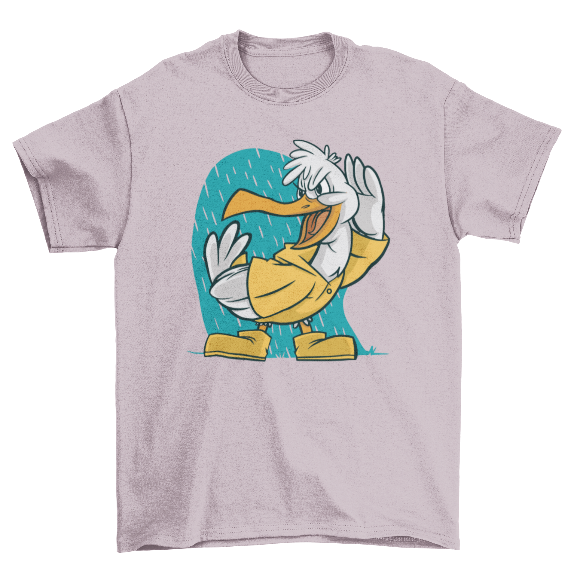 A colorful cartoon seagull graphic on a t-shirt, showcasing a playful design perfect for beach-themed merchandise.