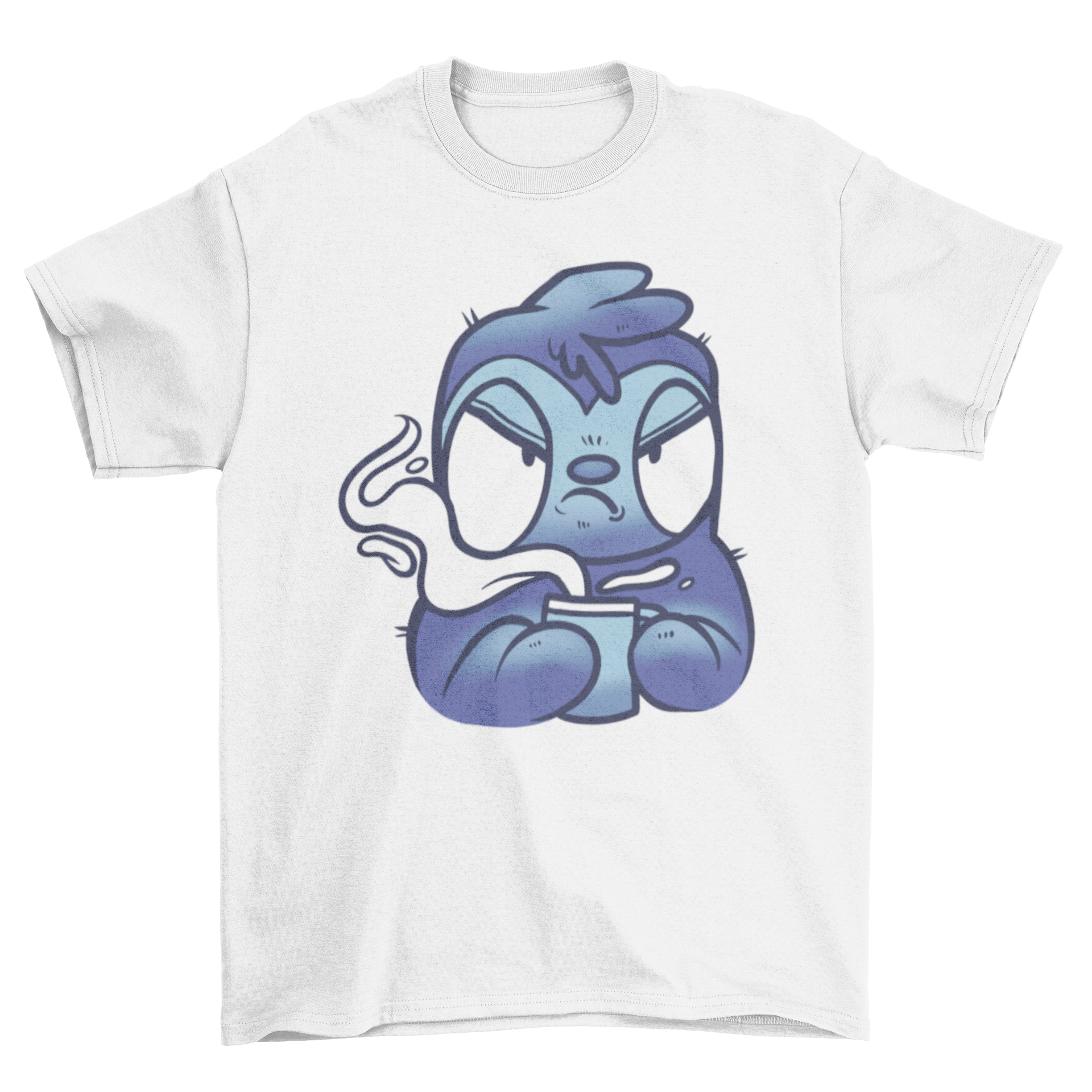 A cute cartoon sloth holding a coffee cup on a t-shirt, showcasing a playful design.