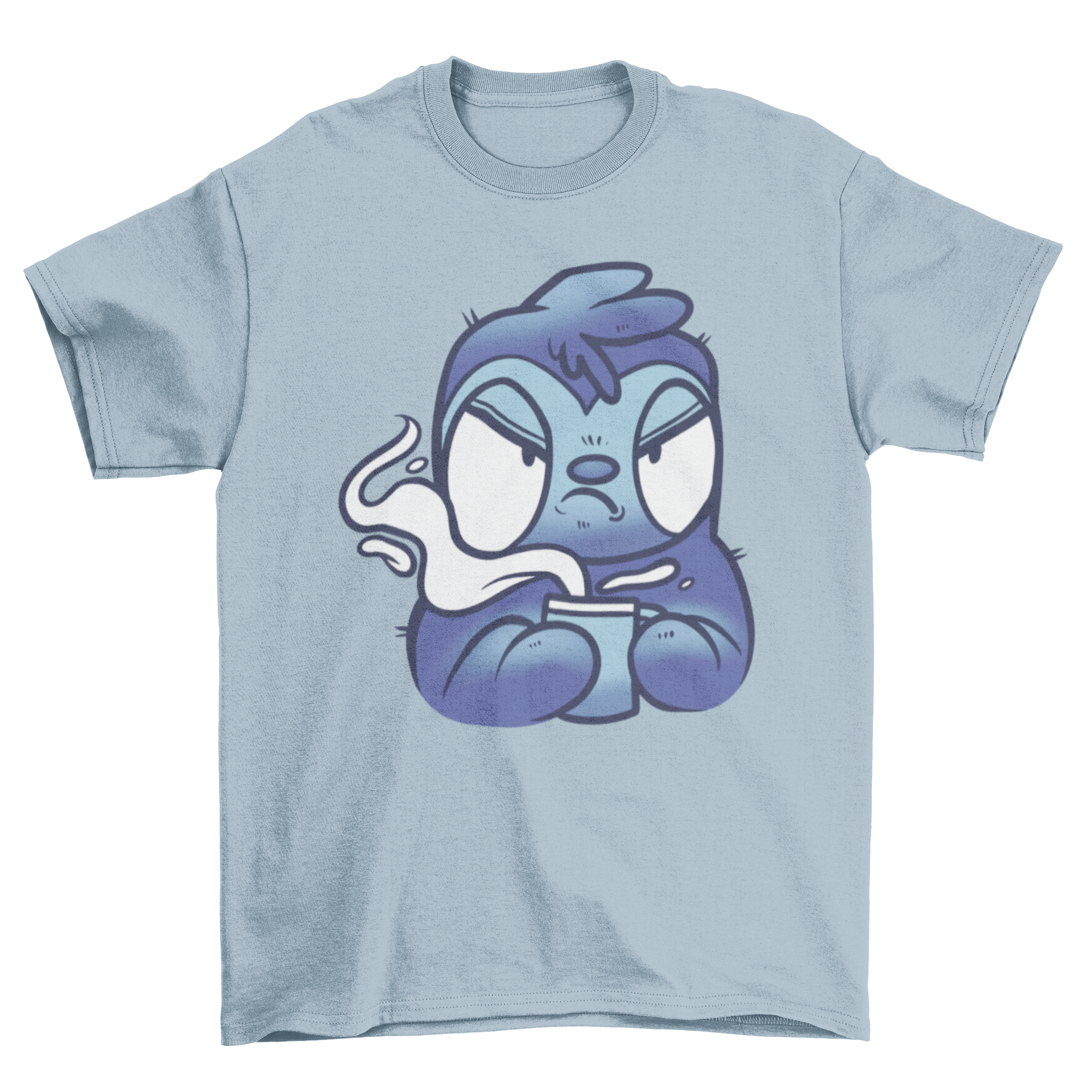 A cute cartoon sloth holding a coffee cup on a t-shirt, showcasing a playful design.