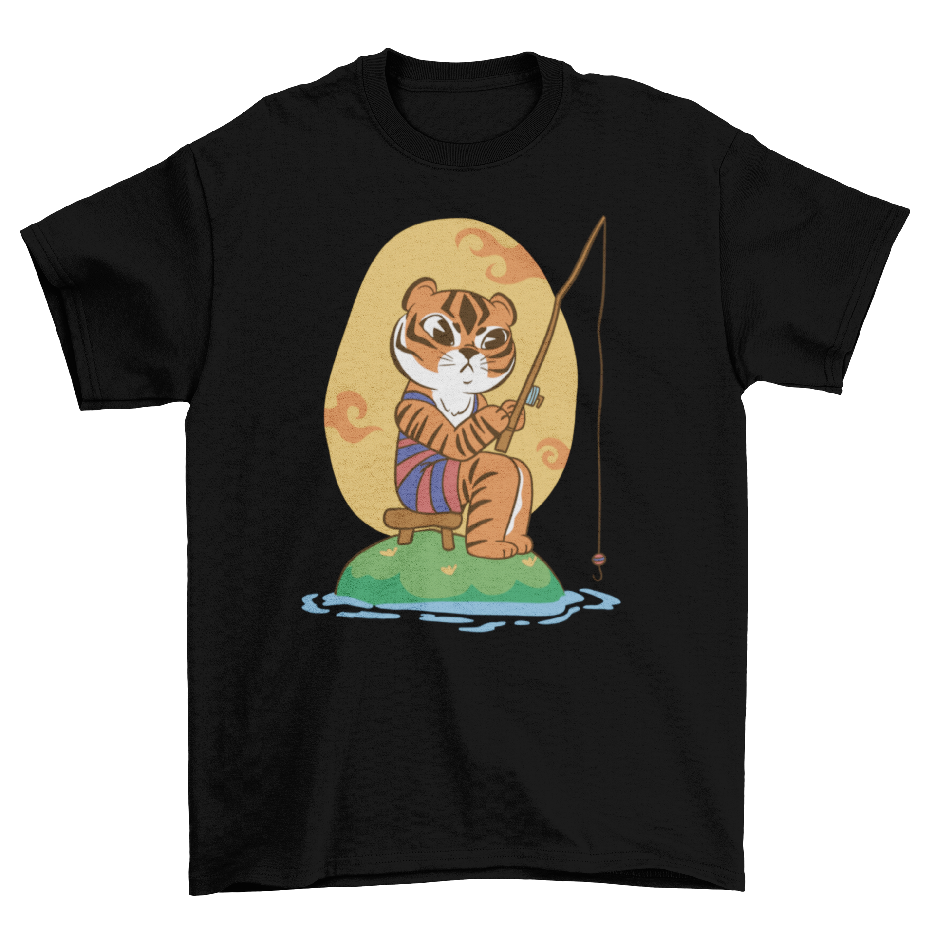 A cute cartoon t-shirt featuring a tiger fishing, showcasing vibrant colors and playful design.