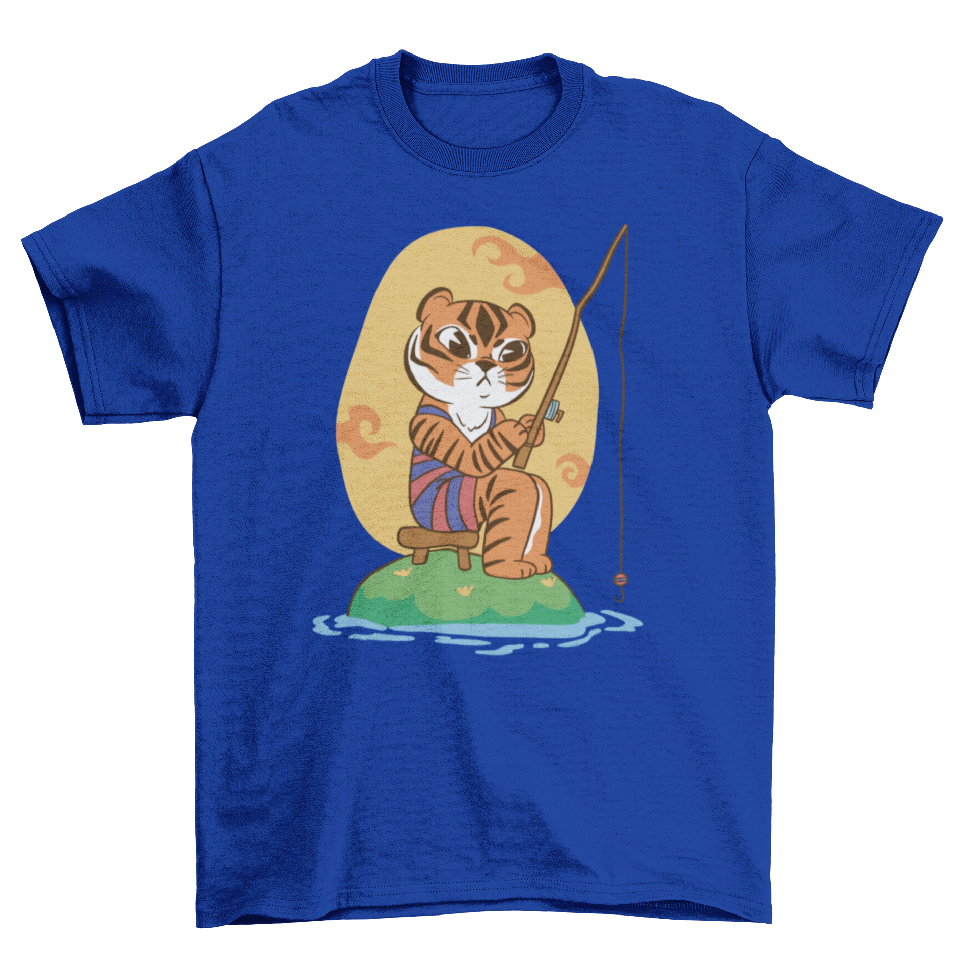 A cute cartoon t-shirt featuring a tiger fishing, showcasing vibrant colors and playful design.