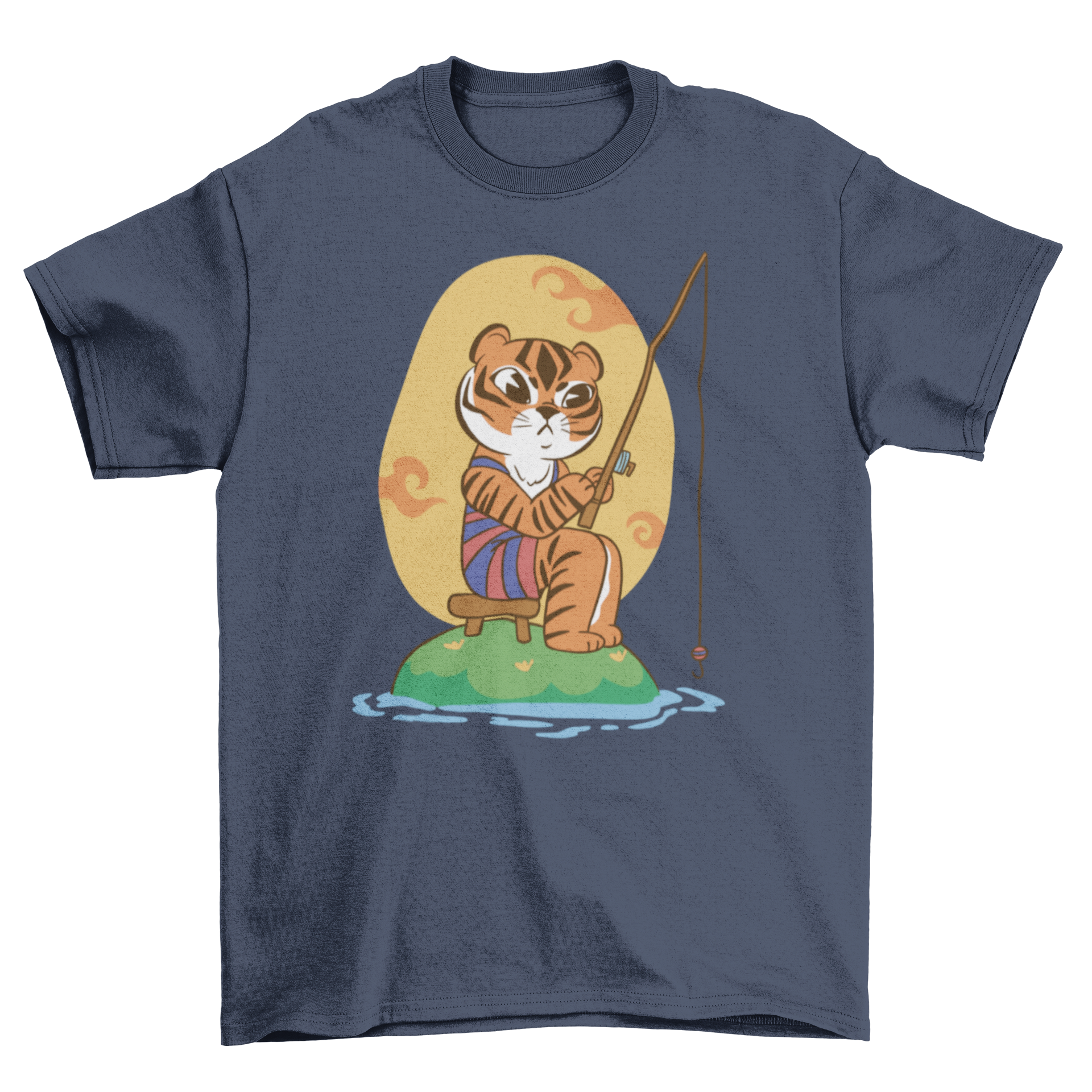 A cute cartoon t-shirt featuring a tiger fishing, showcasing vibrant colors and playful design.