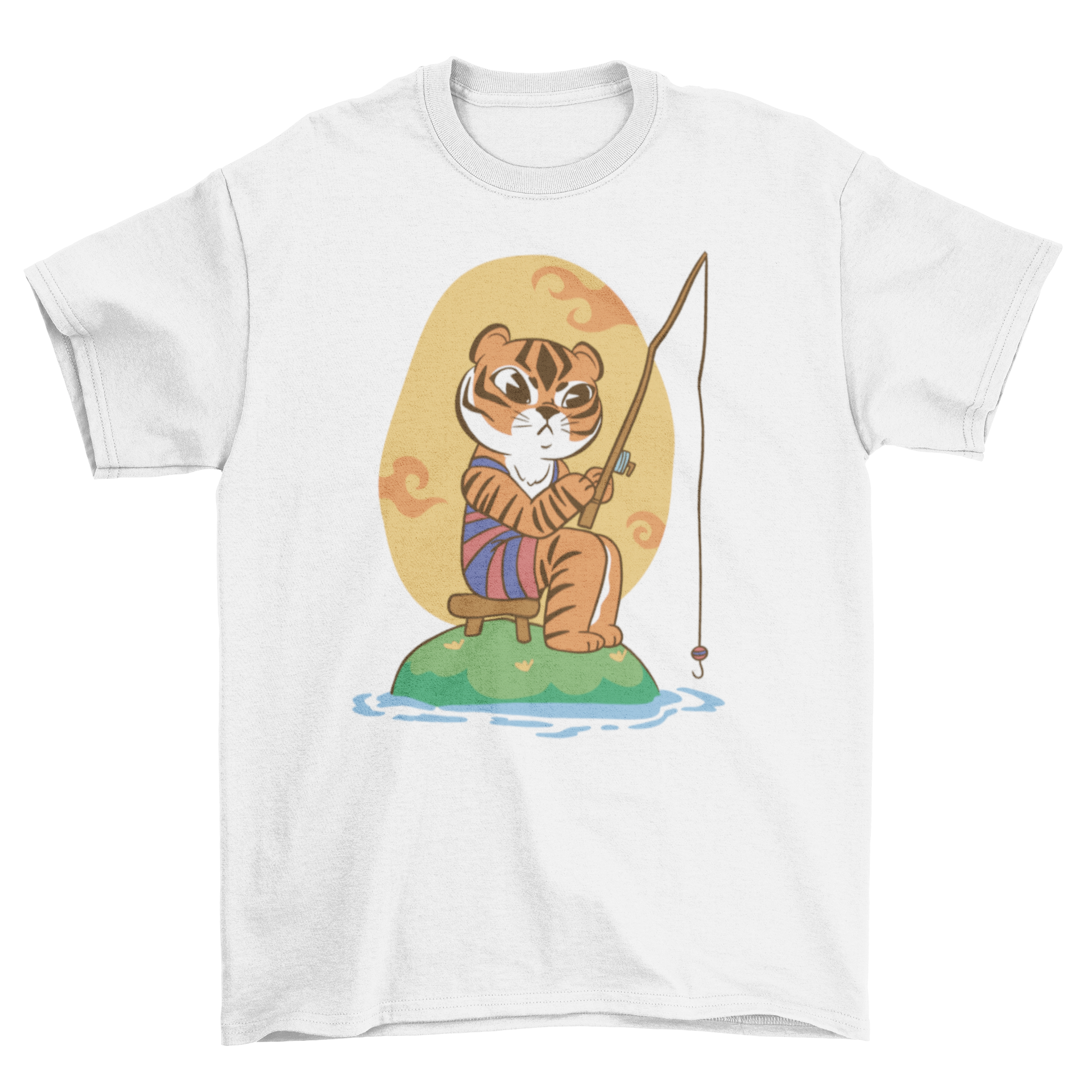 A cute cartoon t-shirt featuring a tiger fishing, showcasing vibrant colors and playful design.