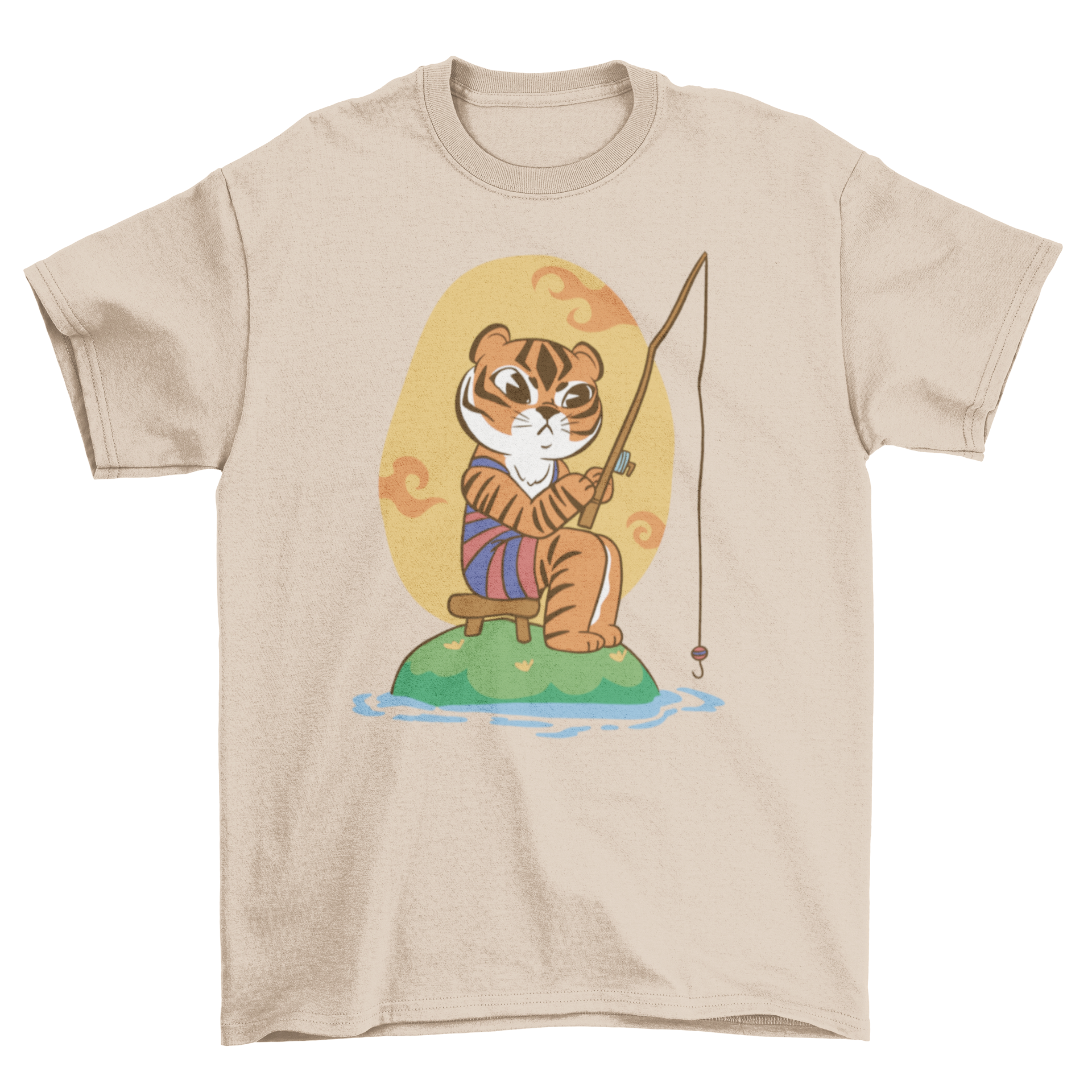 A cute cartoon t-shirt featuring a tiger fishing, showcasing vibrant colors and playful design.