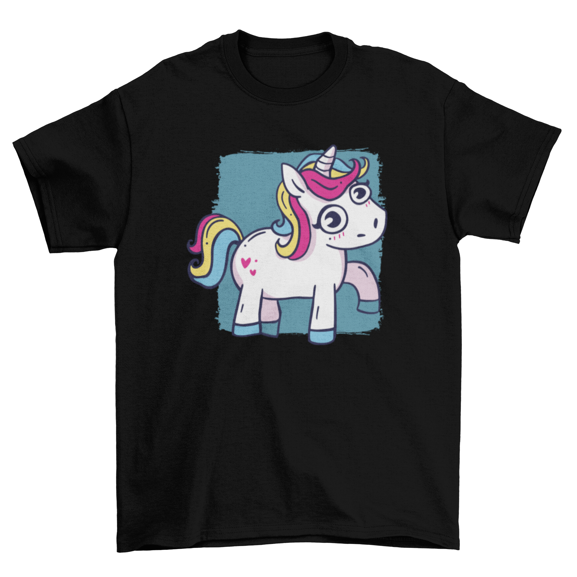 A colorful cartoon unicorn graphic design on a t-shirt, showcasing a whimsical and playful style.