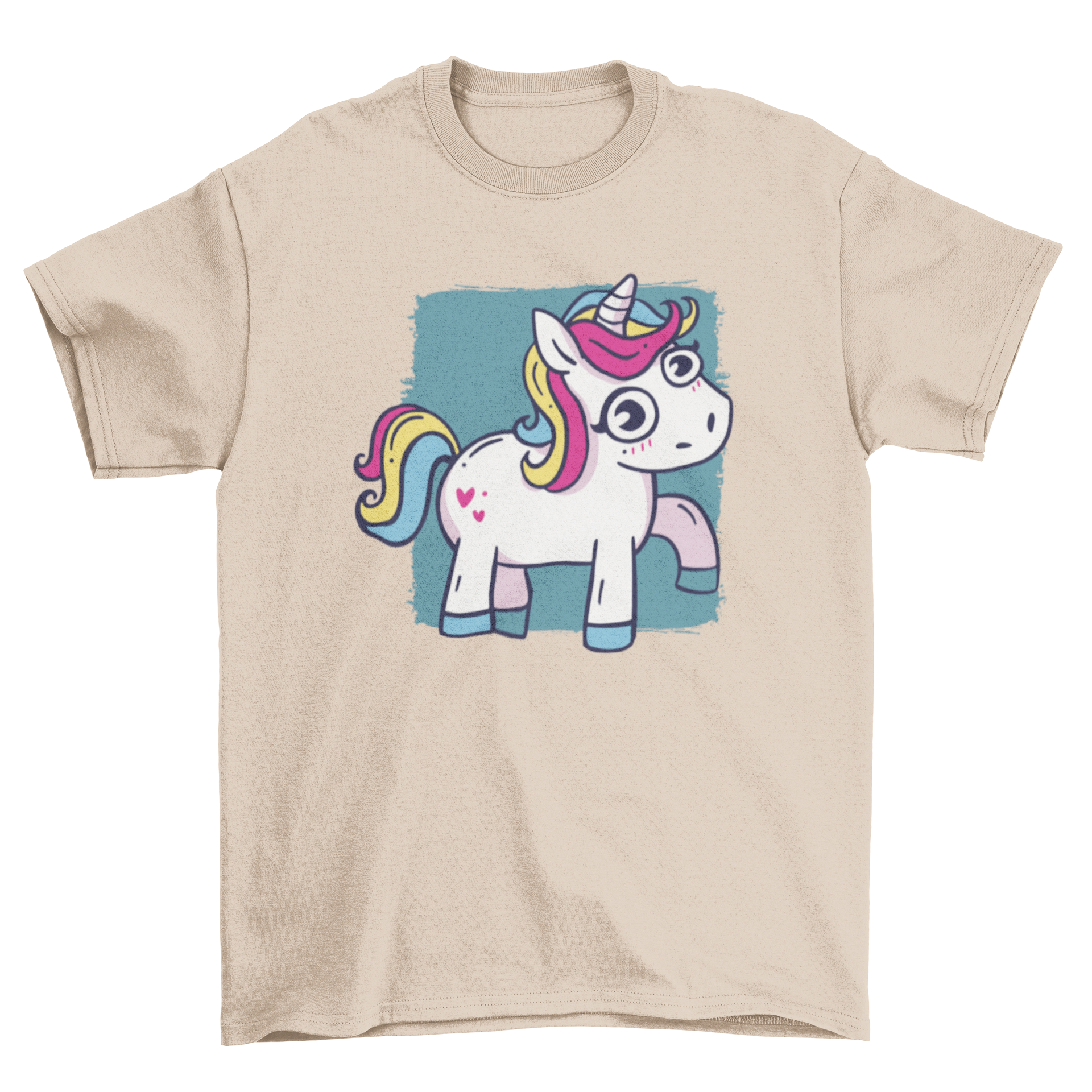 A colorful cartoon unicorn graphic design on a t-shirt, showcasing a whimsical and playful style.