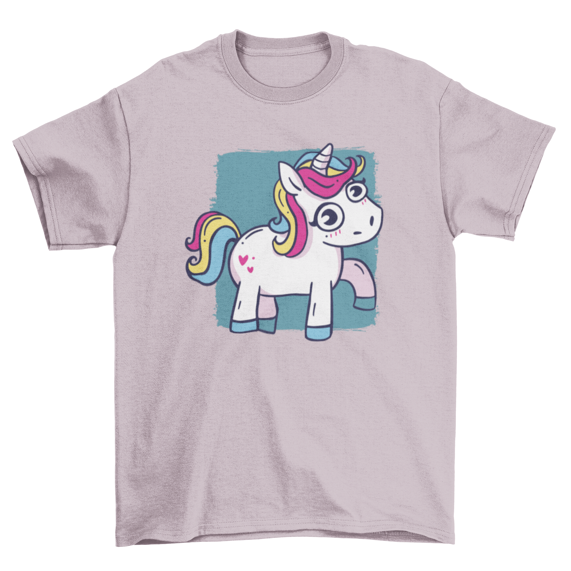 A colorful cartoon unicorn graphic design on a t-shirt, showcasing a whimsical and playful style.