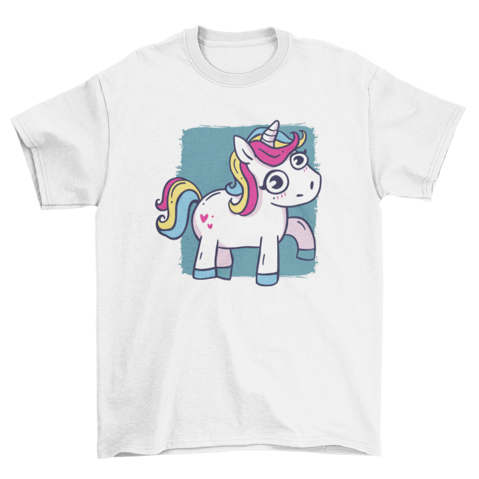 A colorful cartoon unicorn graphic design on a t-shirt, showcasing a whimsical and playful style.