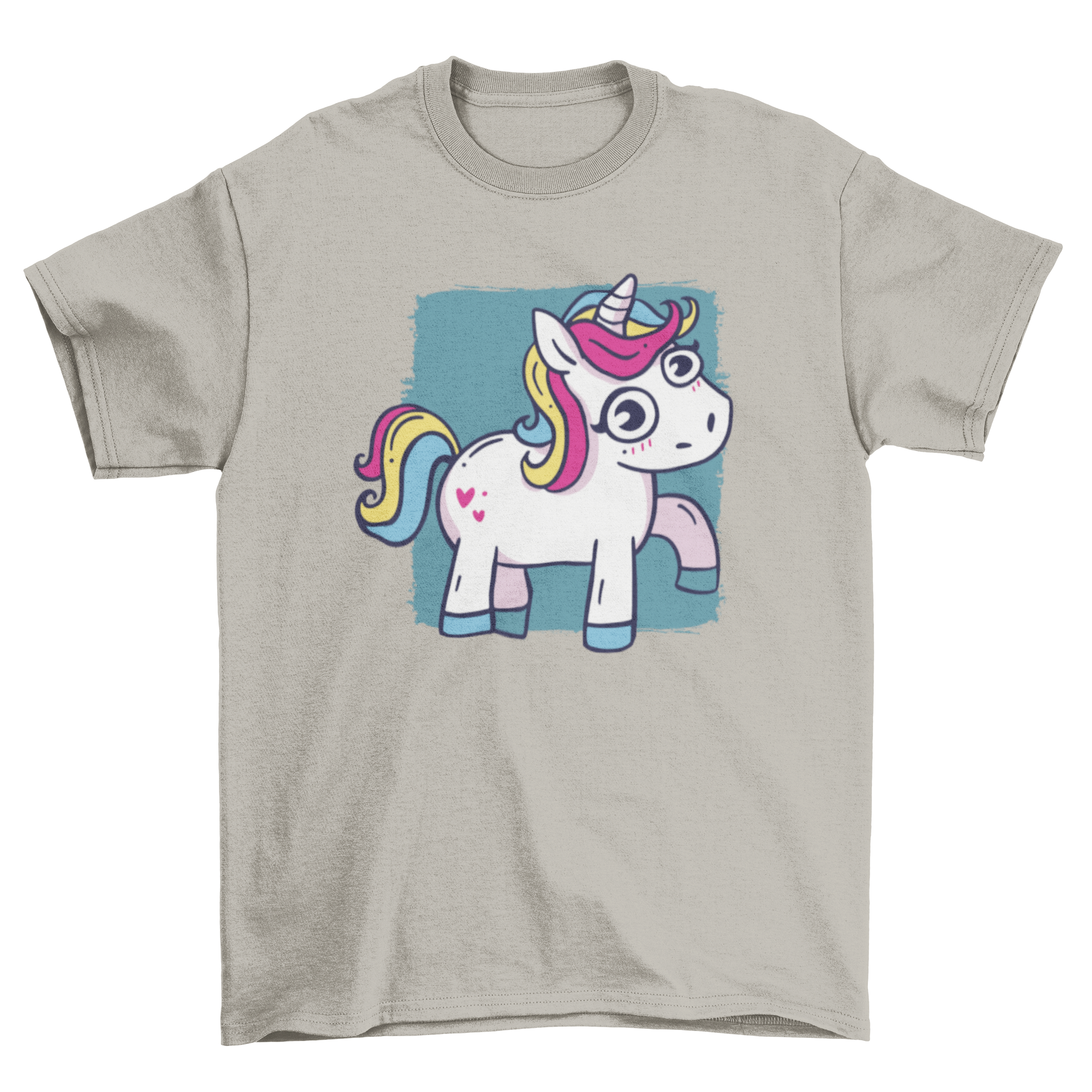 A colorful cartoon unicorn graphic design on a t-shirt, showcasing a whimsical and playful style.