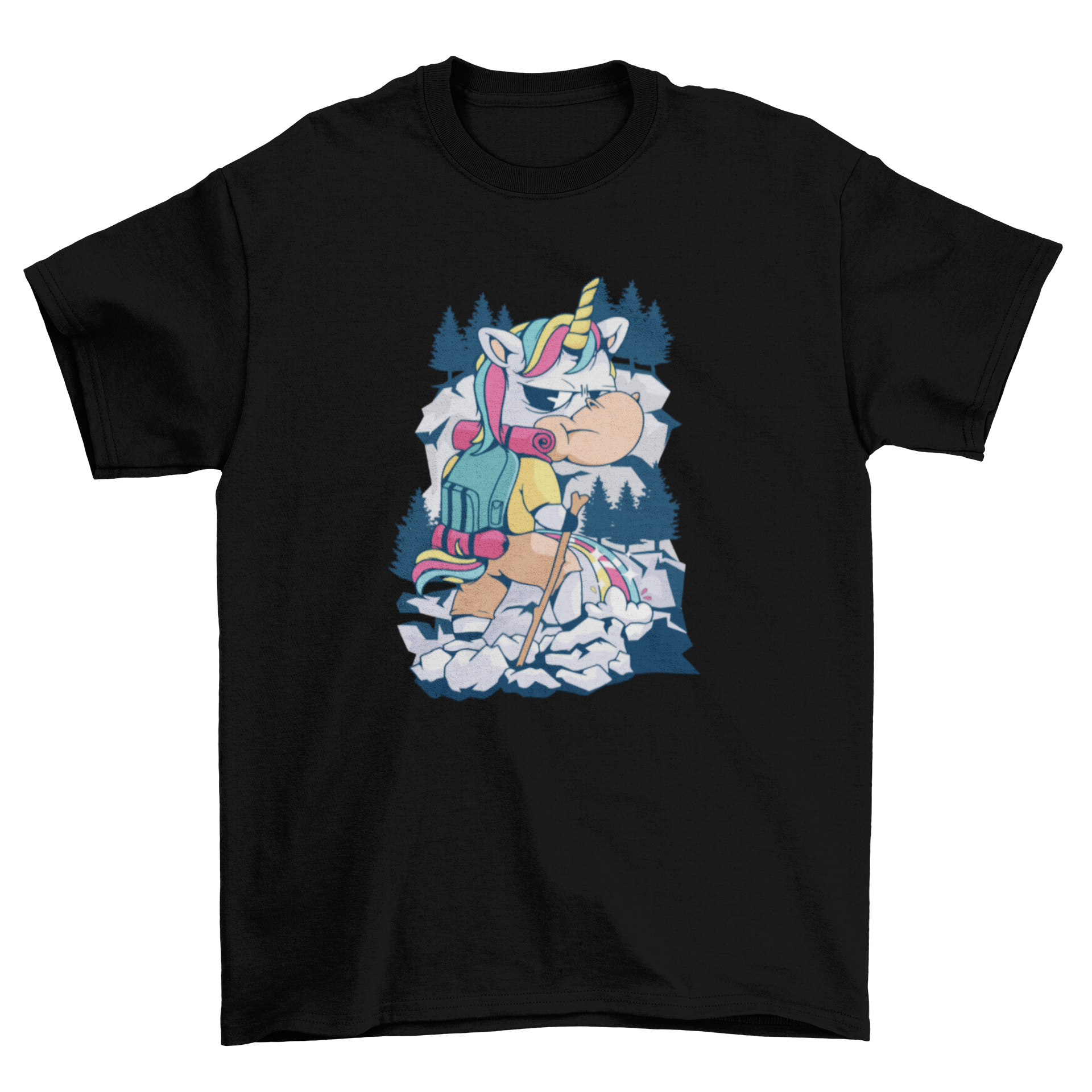 A colorful cartoon unicorn peeing on a mountain, featured on a hiking t-shirt, showcasing a humorous design.