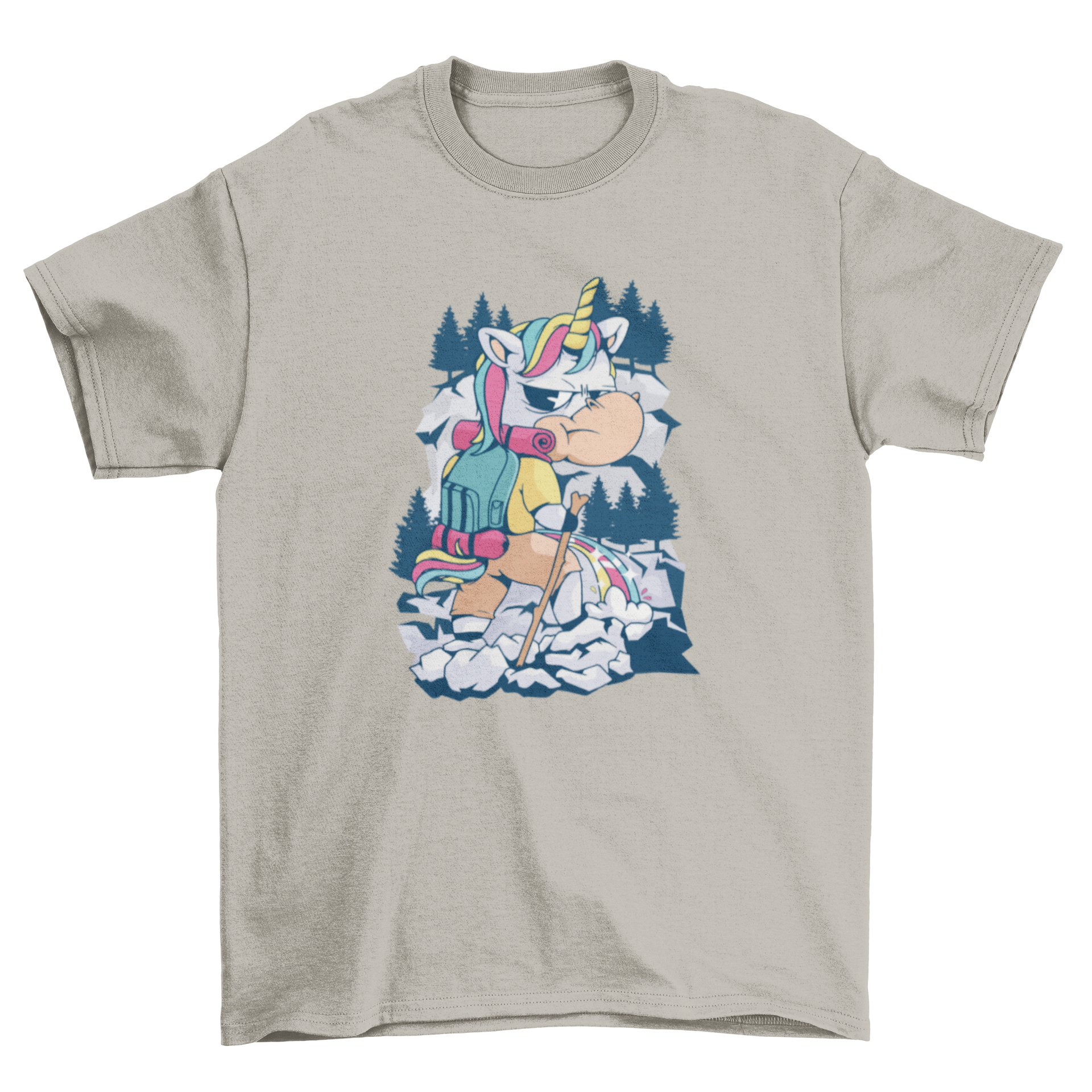 A colorful cartoon unicorn peeing on a mountain, featured on a hiking t-shirt, showcasing a humorous design.