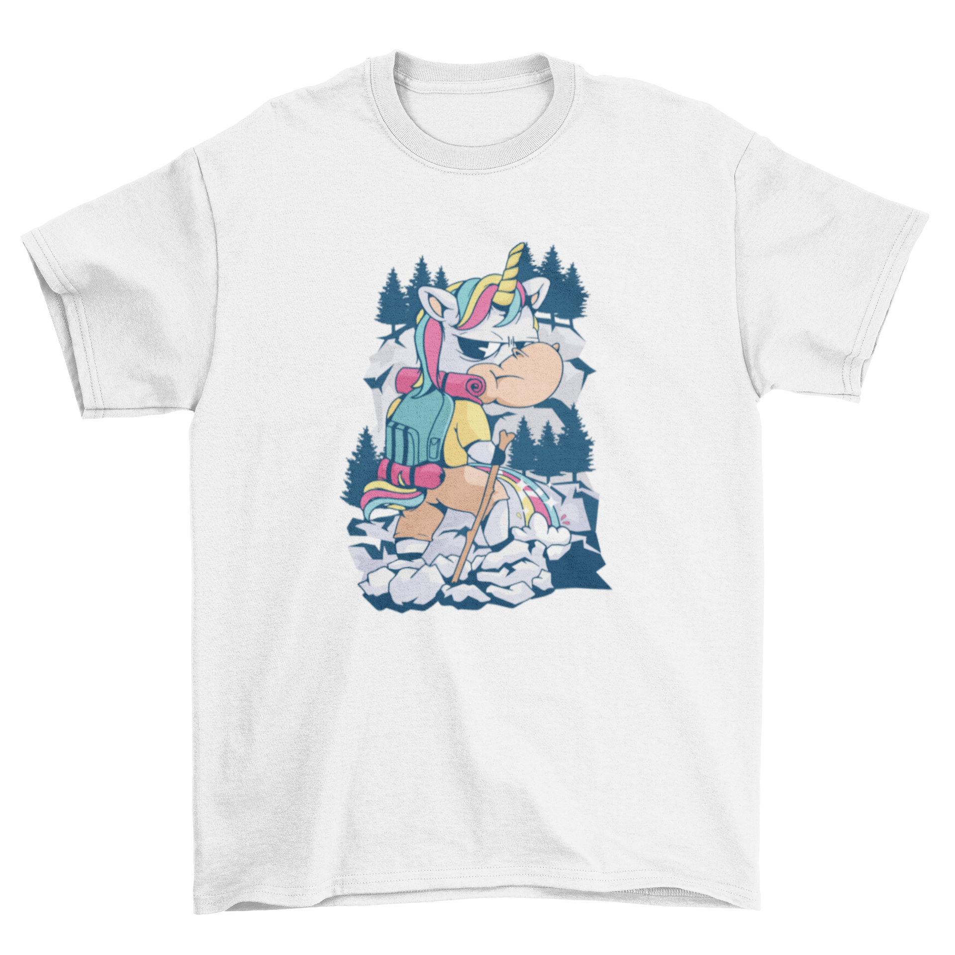 A colorful cartoon unicorn peeing on a mountain, featured on a hiking t-shirt, showcasing a humorous design.