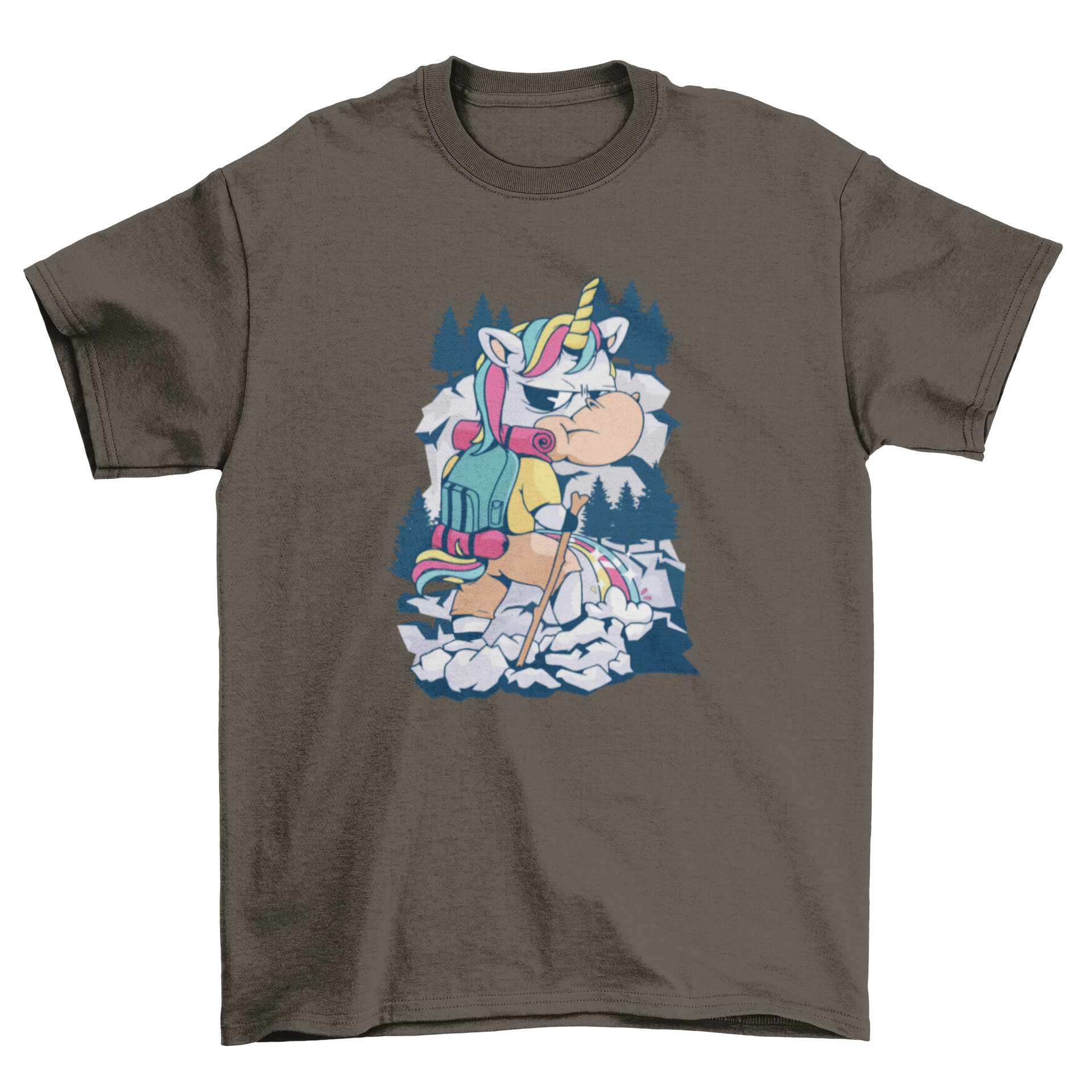 A colorful cartoon unicorn peeing on a mountain, featured on a hiking t-shirt, showcasing a humorous design.