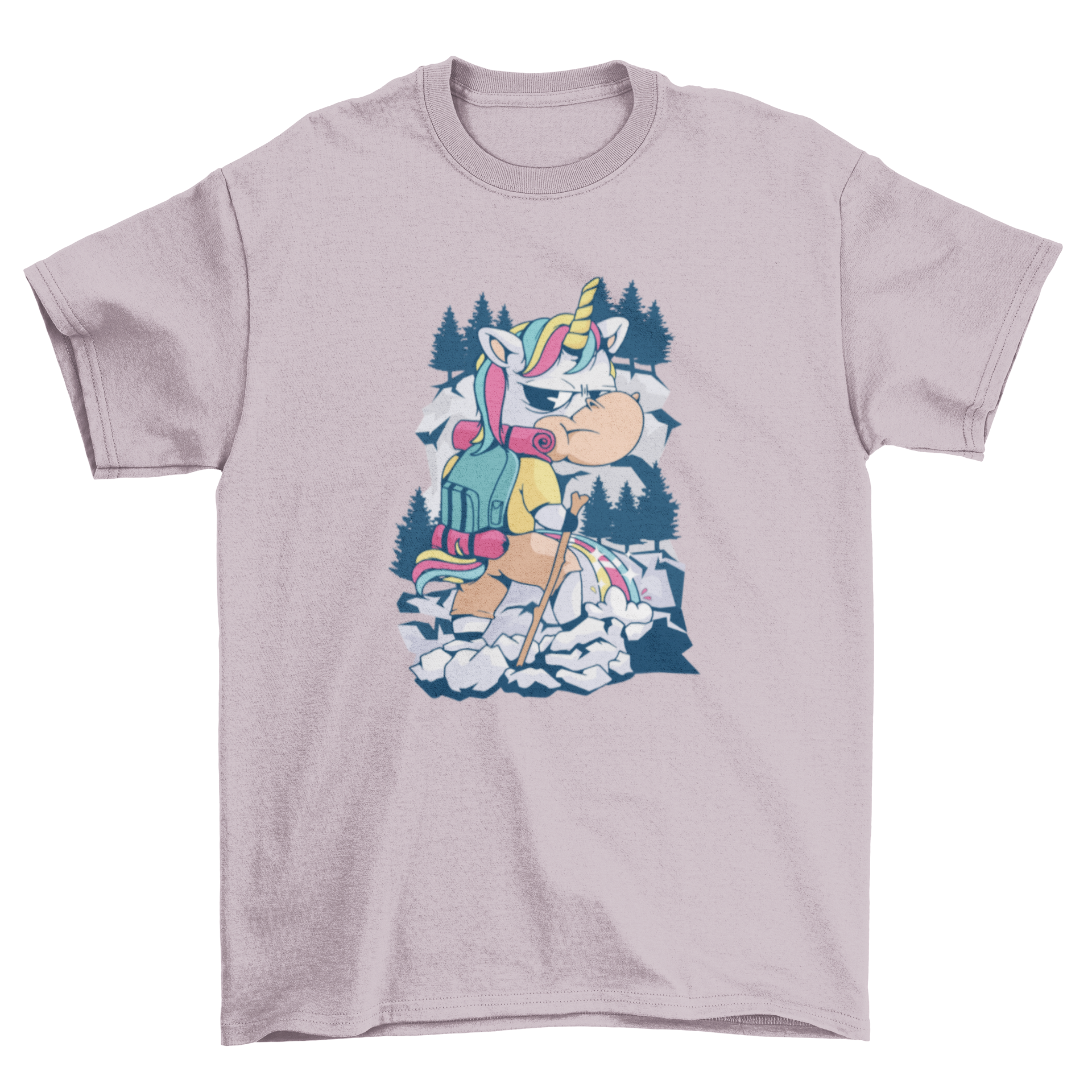 A colorful cartoon unicorn peeing on a mountain, featured on a hiking t-shirt, showcasing a humorous design.