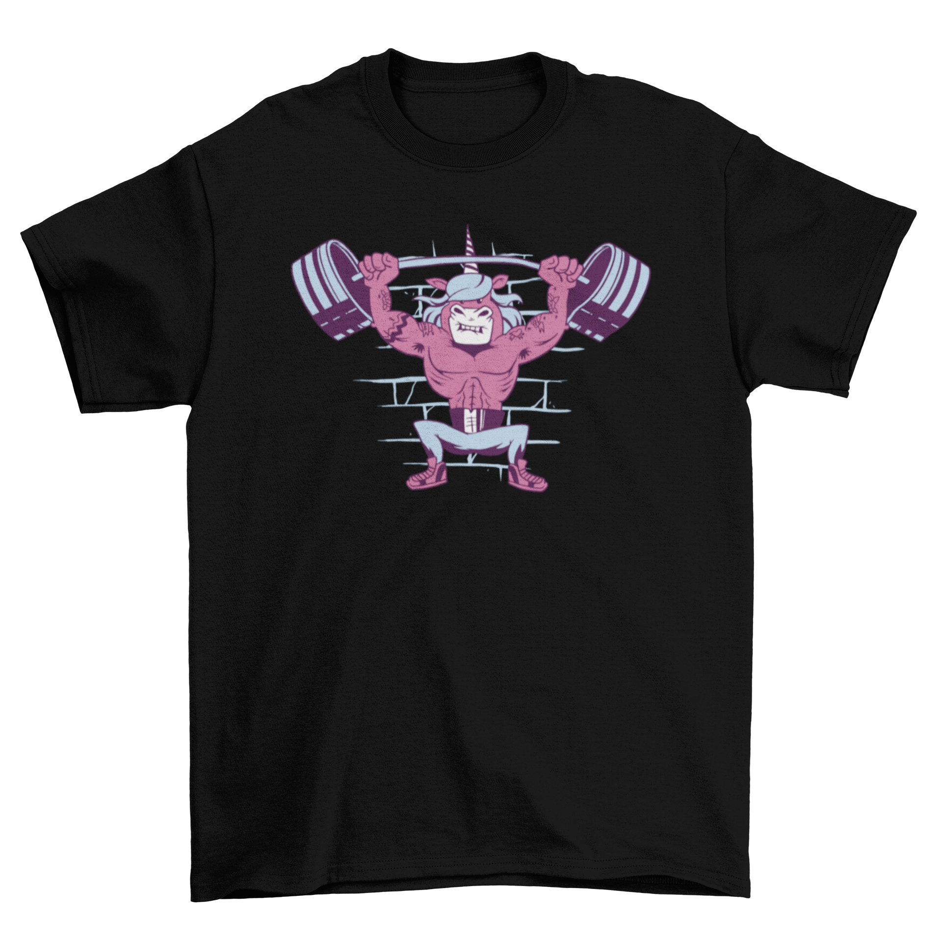 A colorful t-shirt featuring a cartoon unicorn lifting weights, showcasing a fun and playful design.