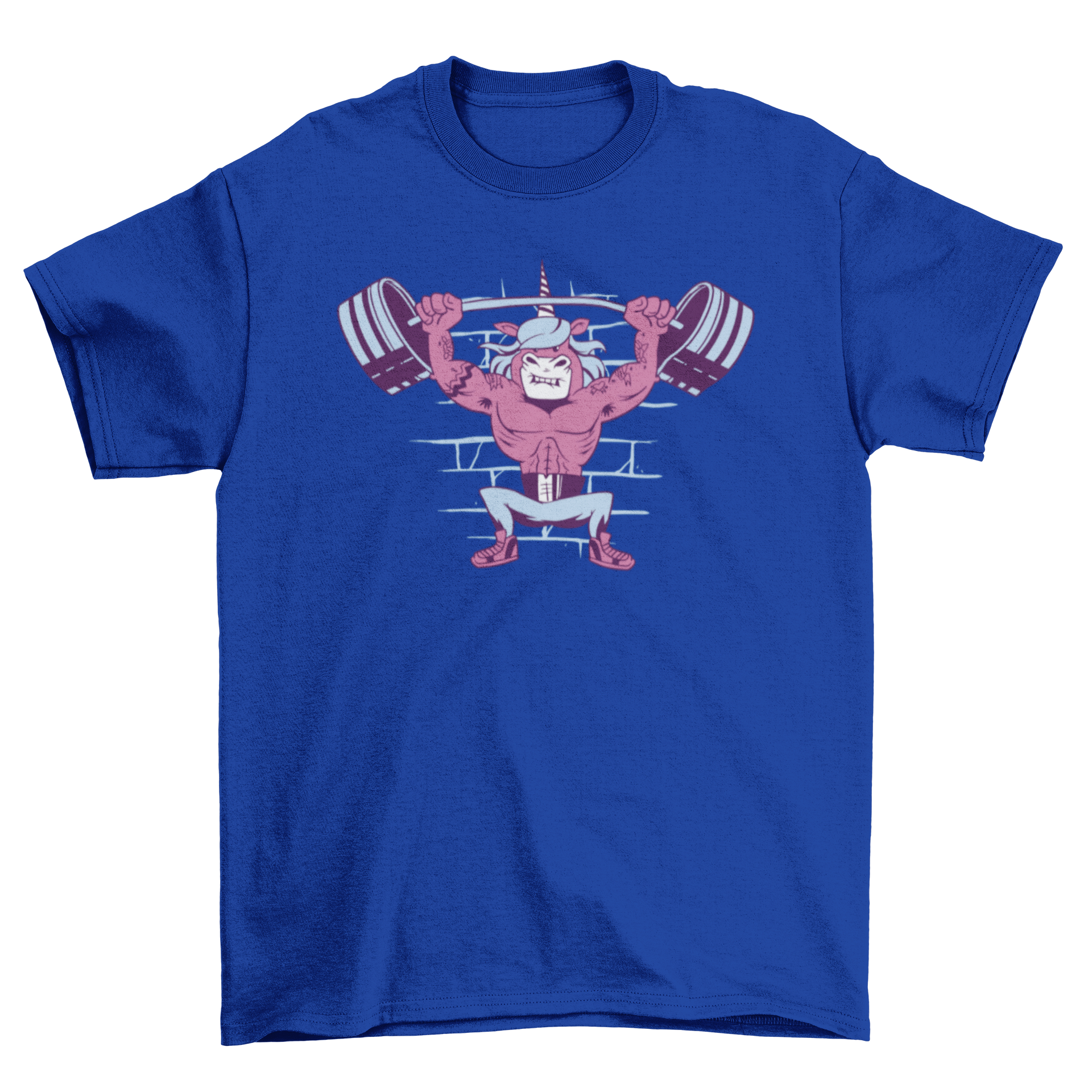 A colorful t-shirt featuring a cartoon unicorn lifting weights, showcasing a fun and playful design.