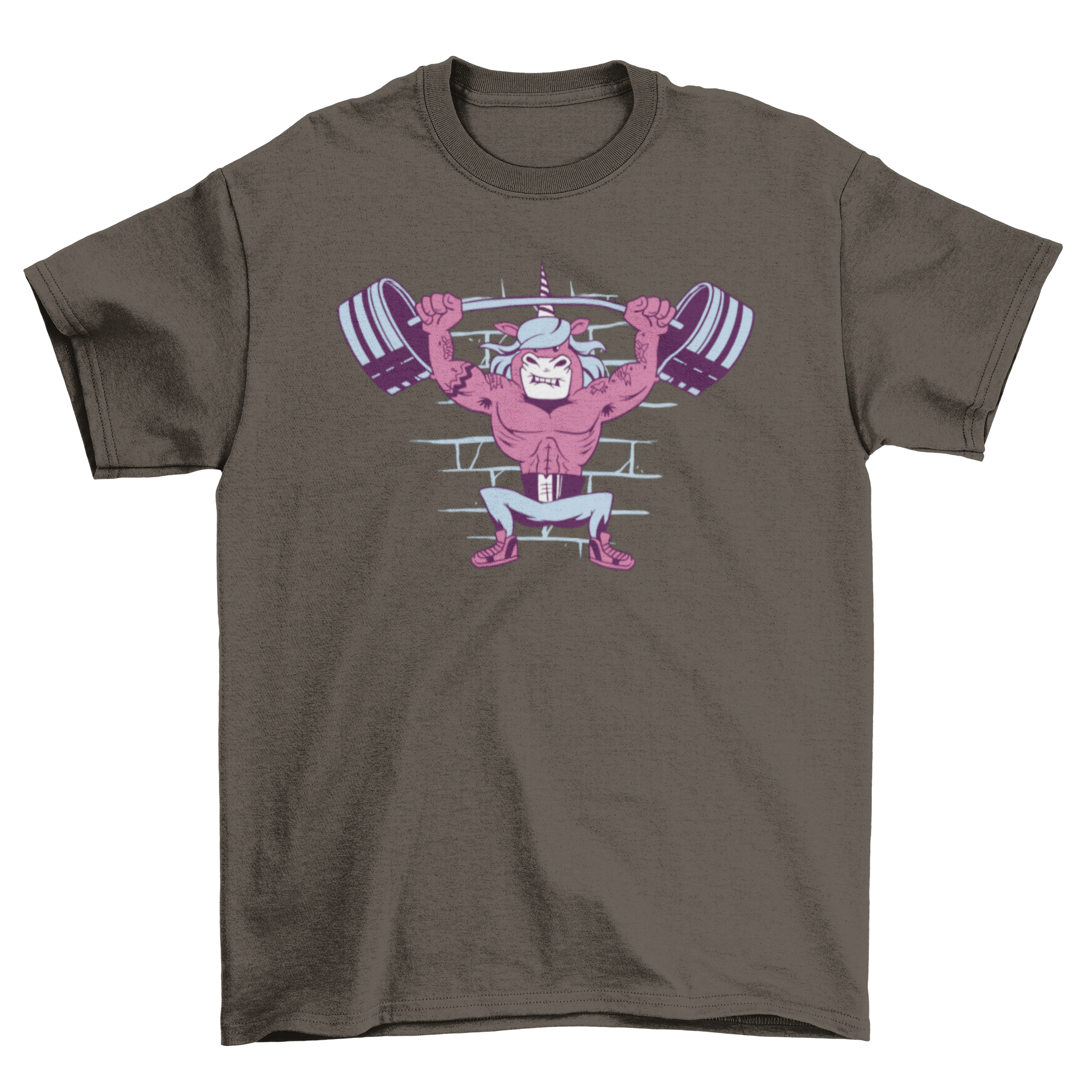 A colorful t-shirt featuring a cartoon unicorn lifting weights, showcasing a fun and playful design.