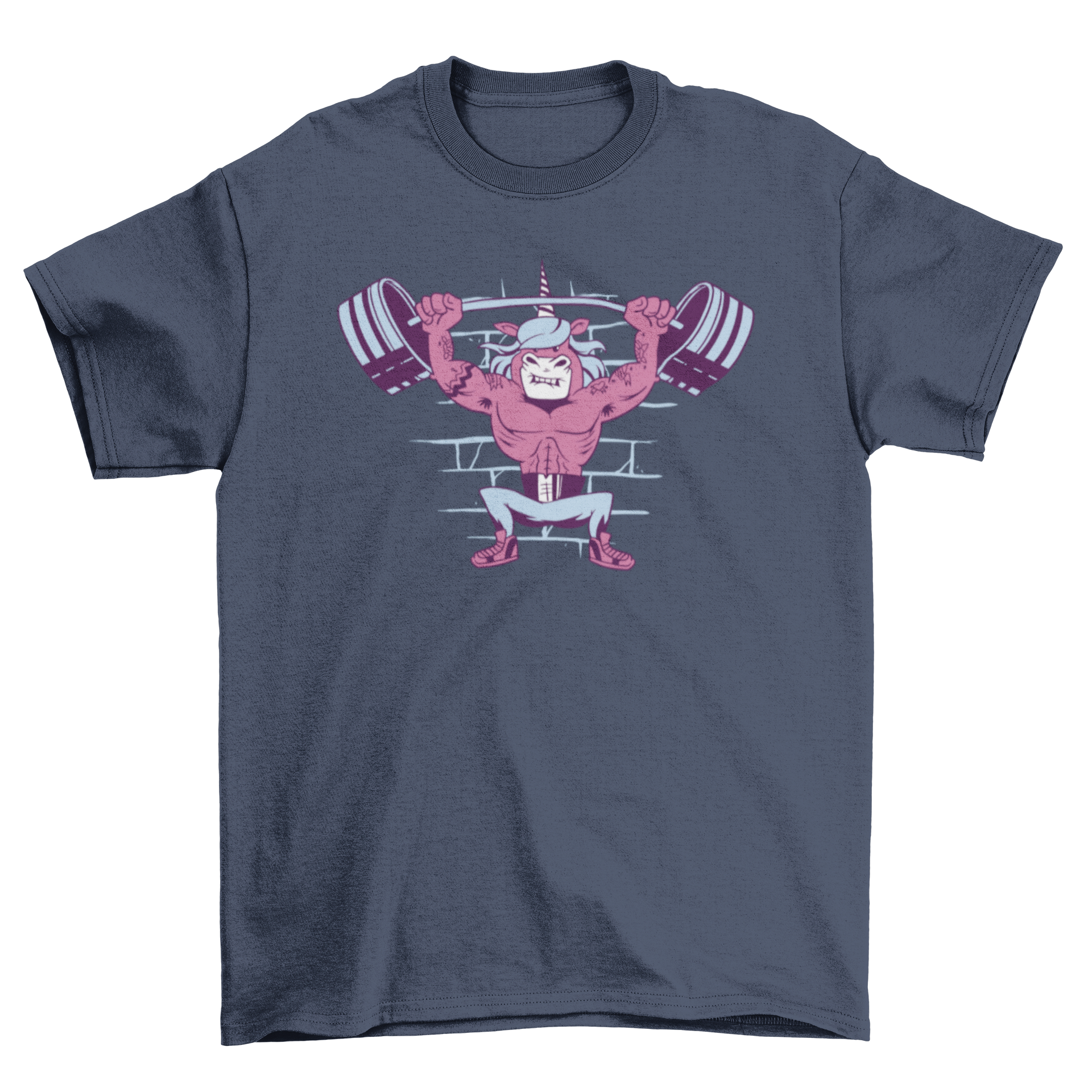 A colorful t-shirt featuring a cartoon unicorn lifting weights, showcasing a fun and playful design.