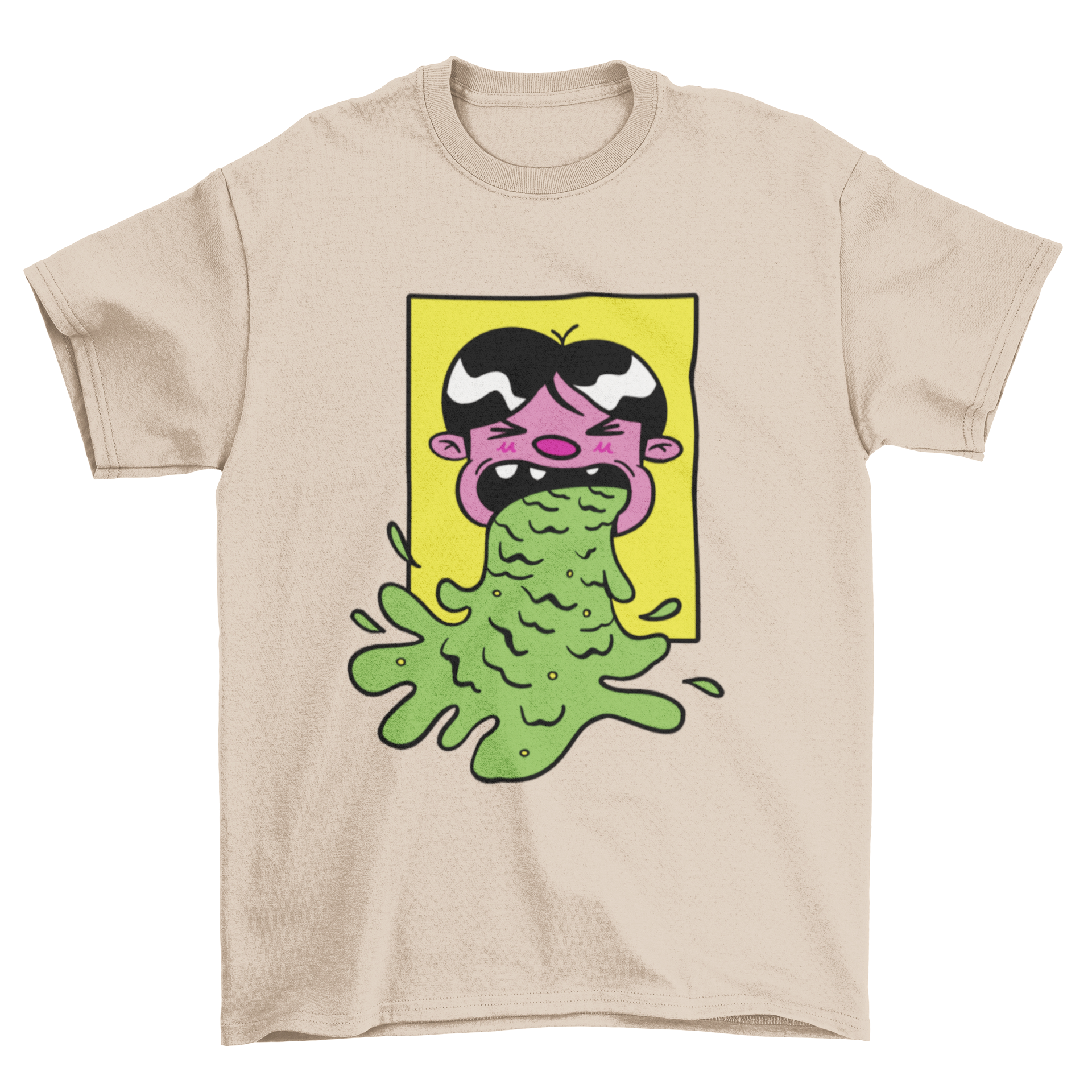 Cartoon vomit t-shirt featuring a playful design of a schoolboy throwing up, showcasing vibrant colors and unique artwork.