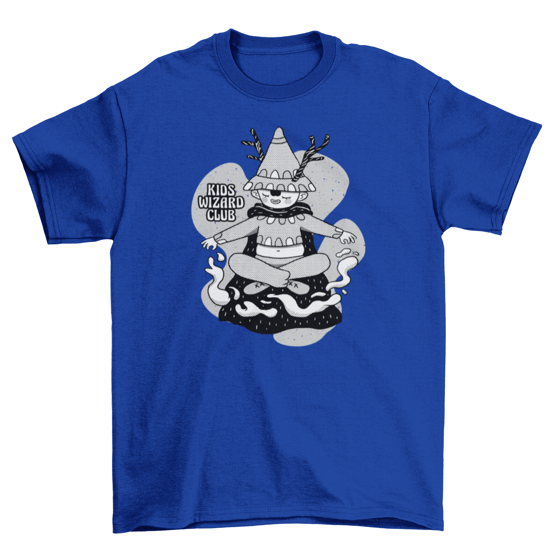 A cute cartoon t-shirt featuring a child wizard with a wand and the quote 'kids wizard club'.