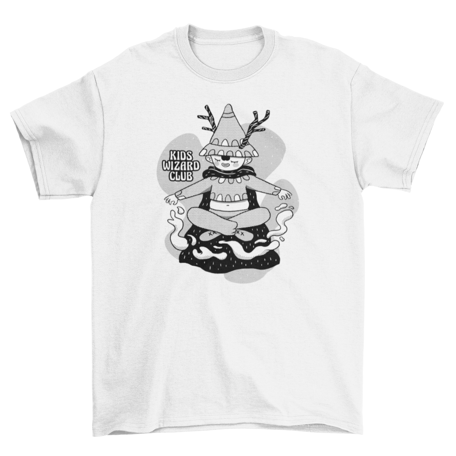 A cute cartoon t-shirt featuring a child wizard with a wand and the quote 'kids wizard club'.