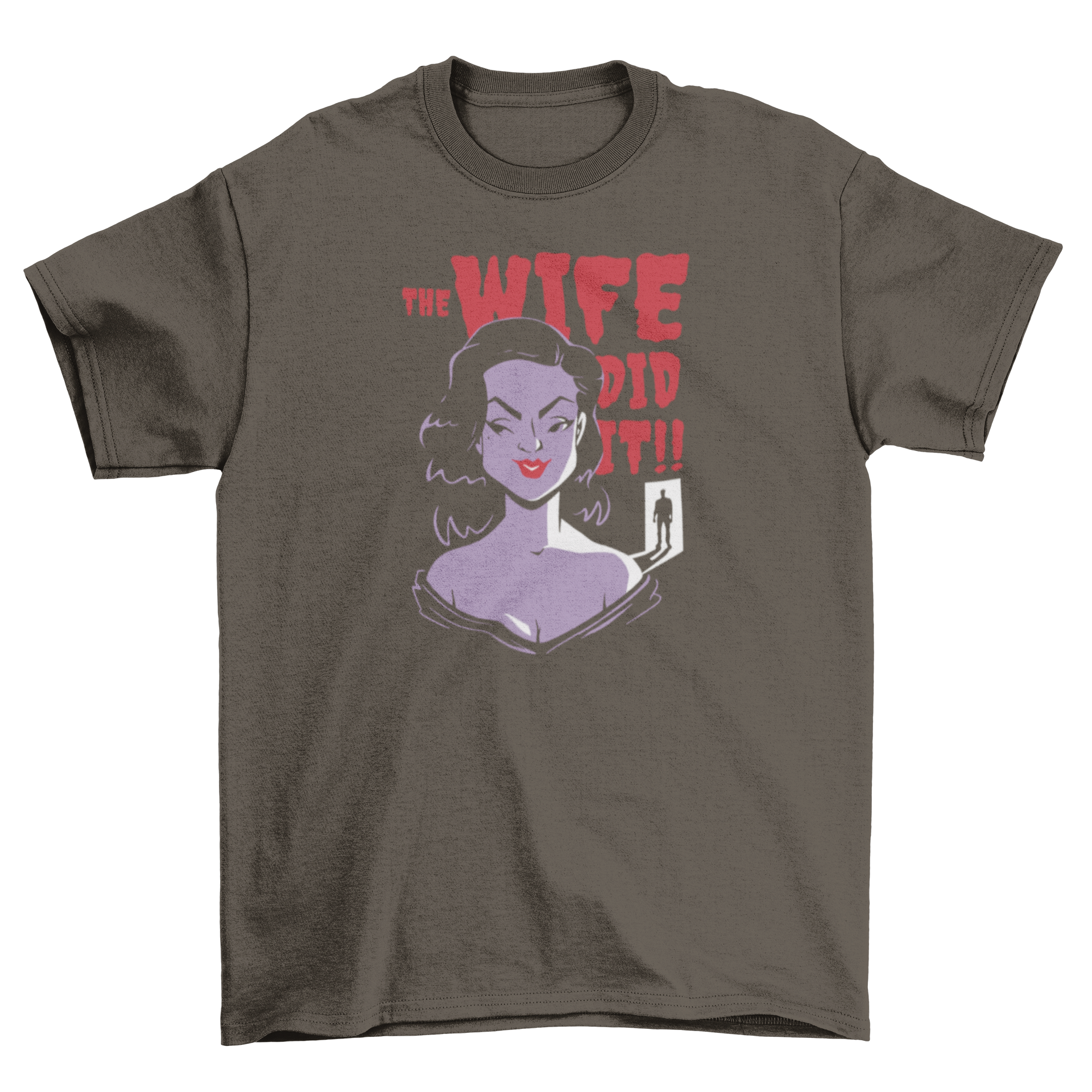 Cartoon-style t-shirt featuring a young woman as a killer with the quote 'The wife did it'.