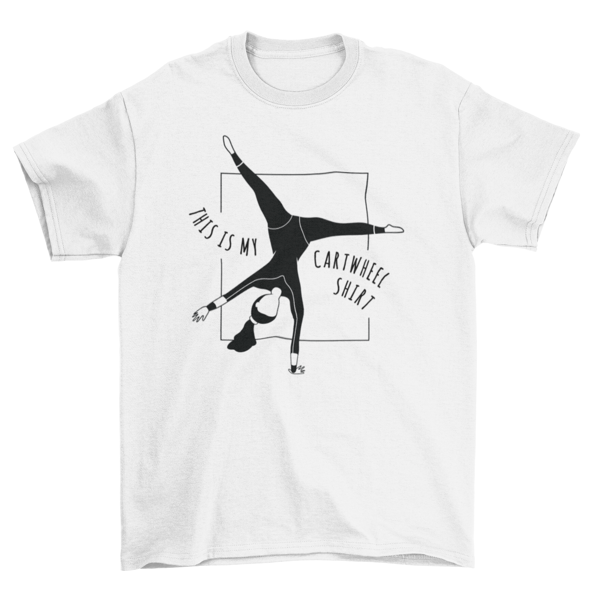 A vibrant t-shirt featuring the quote 'This is my cartwheel shirt' in bold typography, perfect for casual wear.