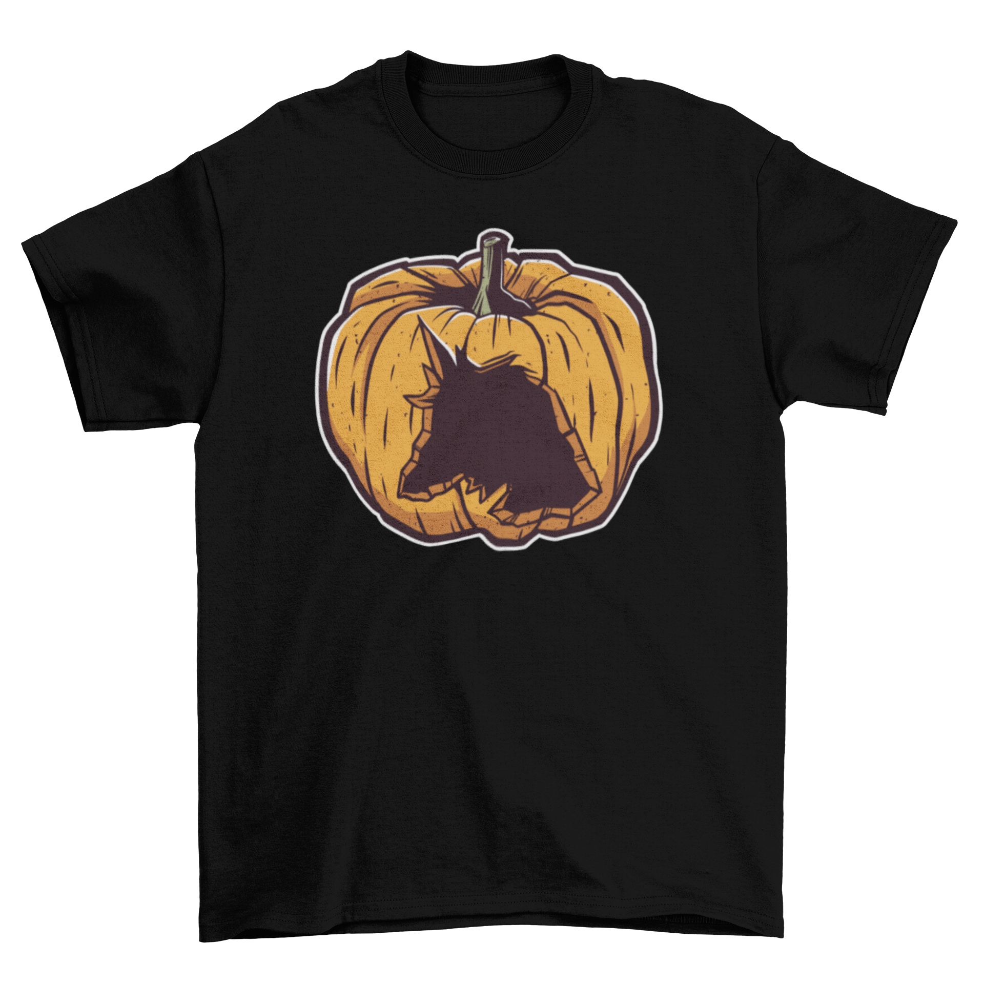 A stylish t-shirt featuring a carved unicorn design on a pumpkin, perfect for Halloween.