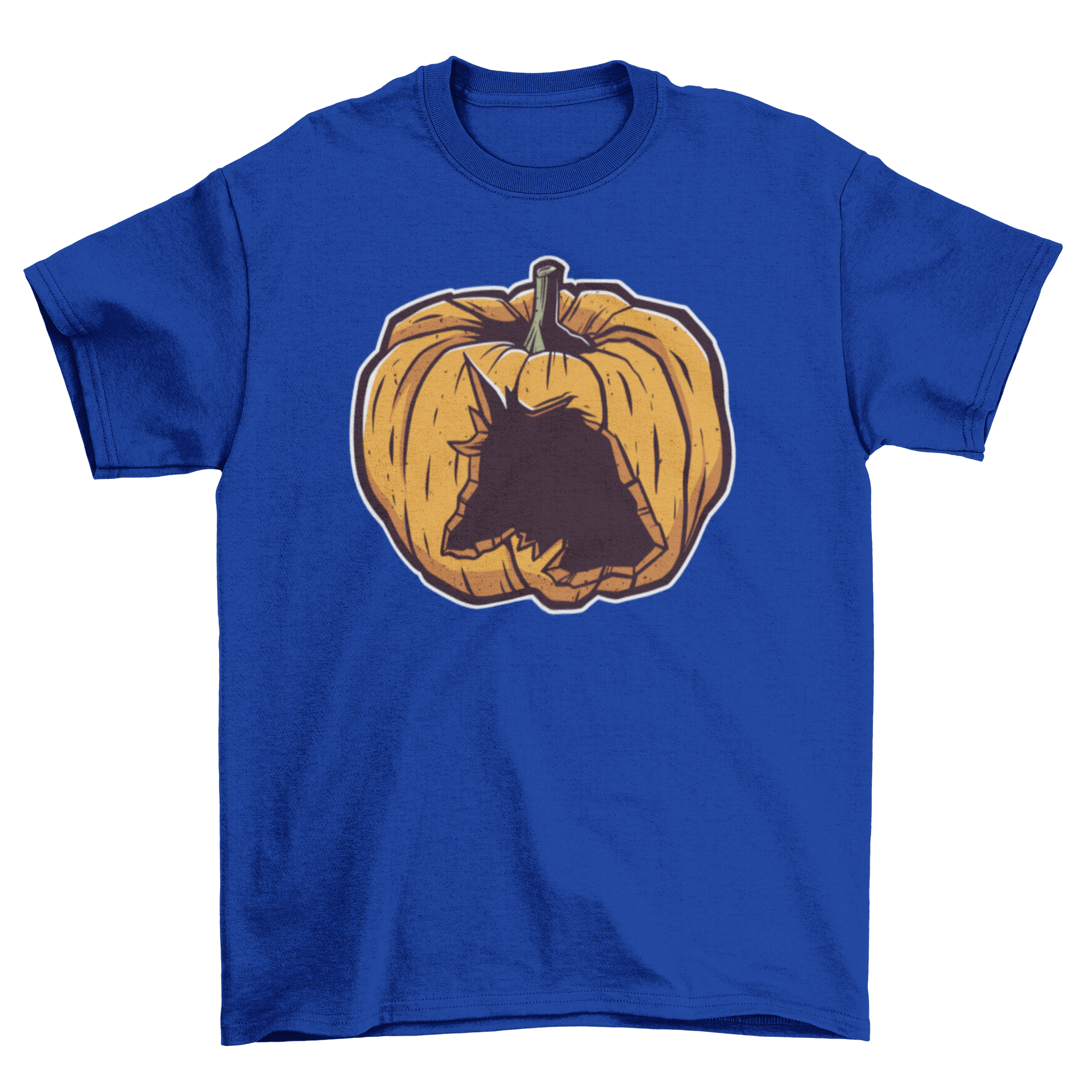 A stylish t-shirt featuring a carved unicorn design on a pumpkin, perfect for Halloween.