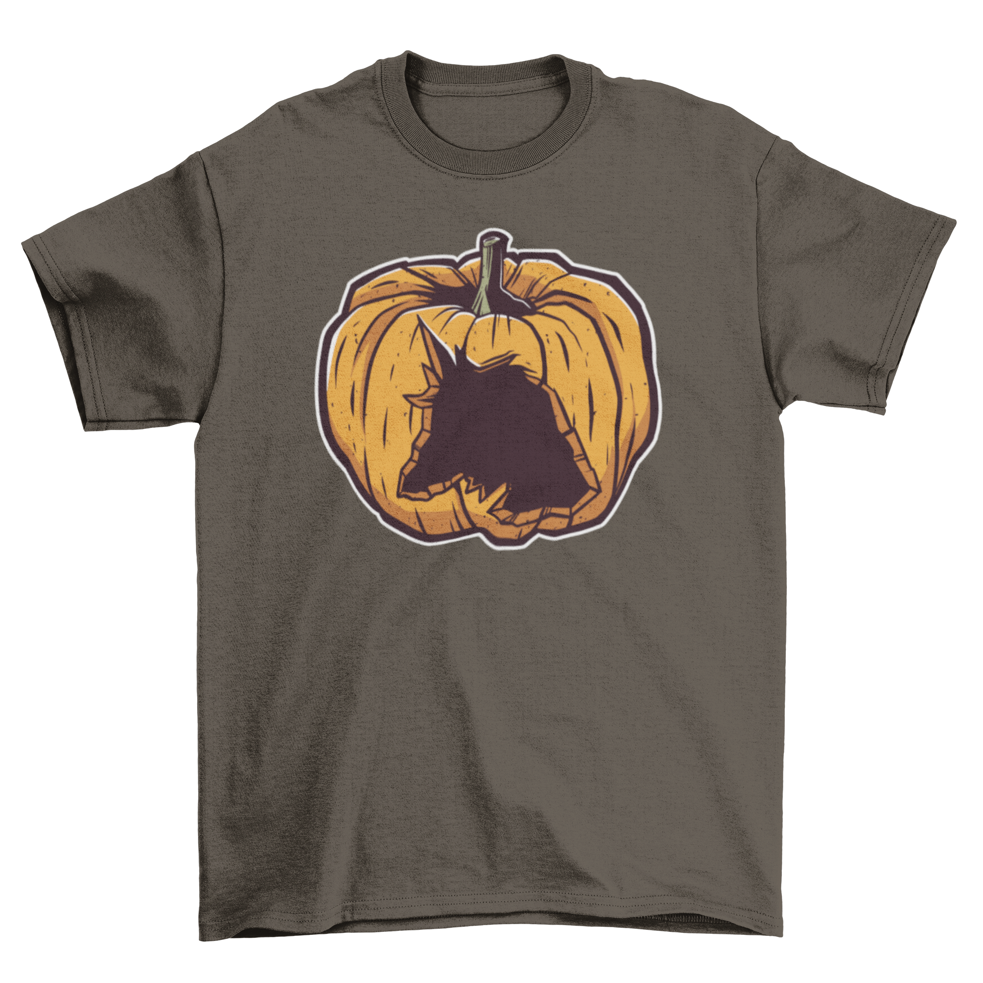 A stylish t-shirt featuring a carved unicorn design on a pumpkin, perfect for Halloween.