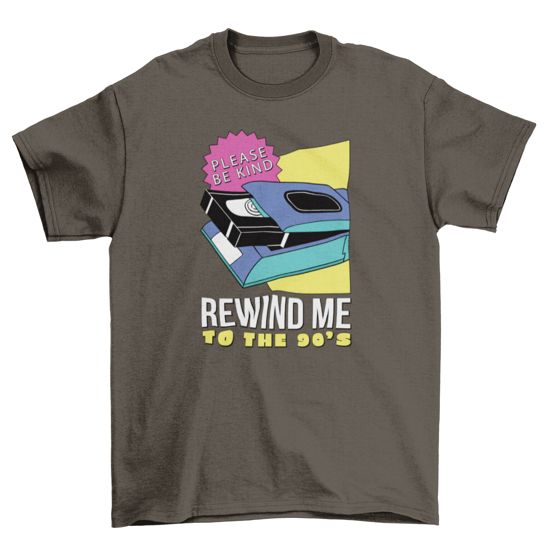 A stylish t-shirt featuring a colorful cassette design and the quote 'Rewind me to the 90's', perfect for nostalgic fashion lovers.