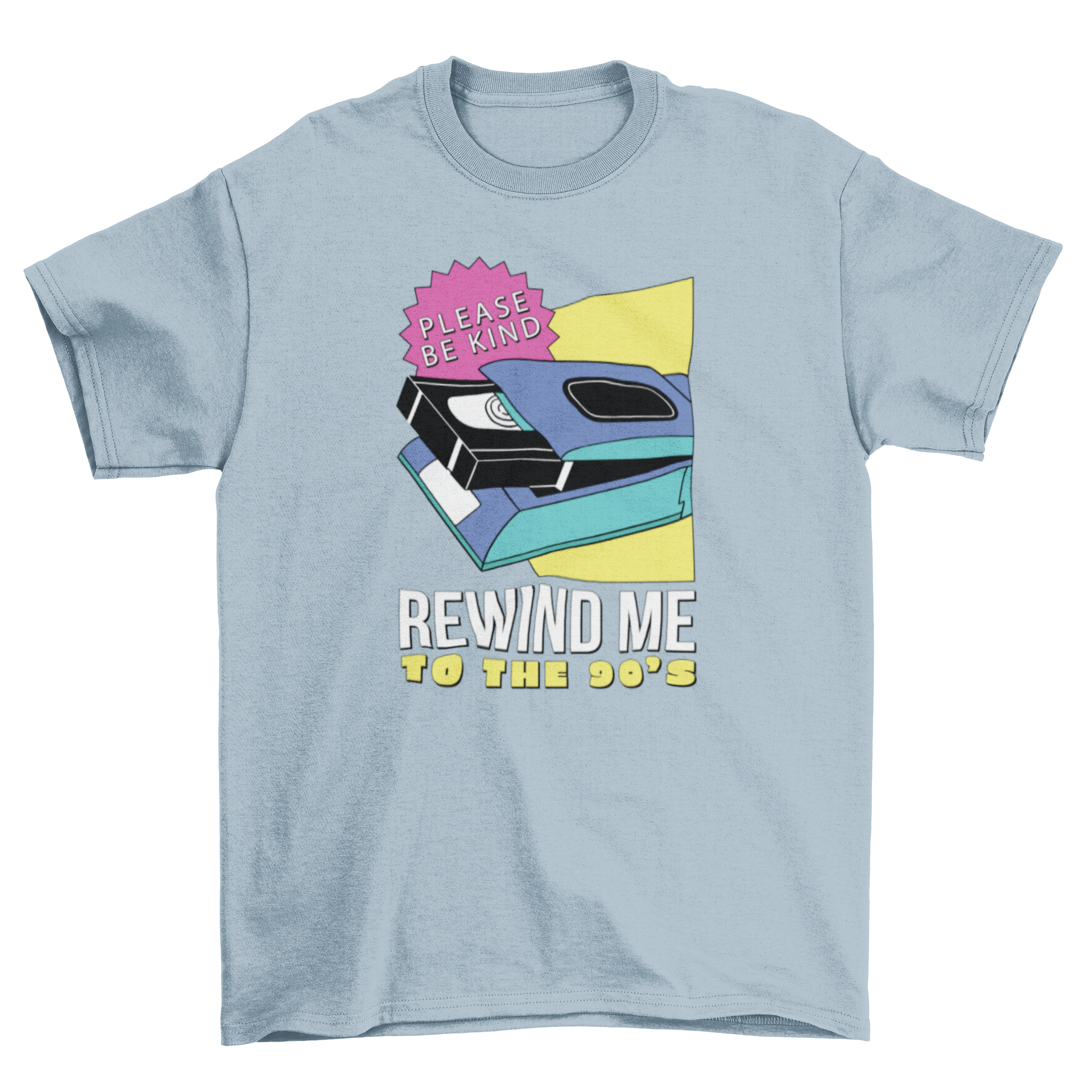 A stylish t-shirt featuring a colorful cassette design and the quote 'Rewind me to the 90's', perfect for nostalgic fashion lovers.