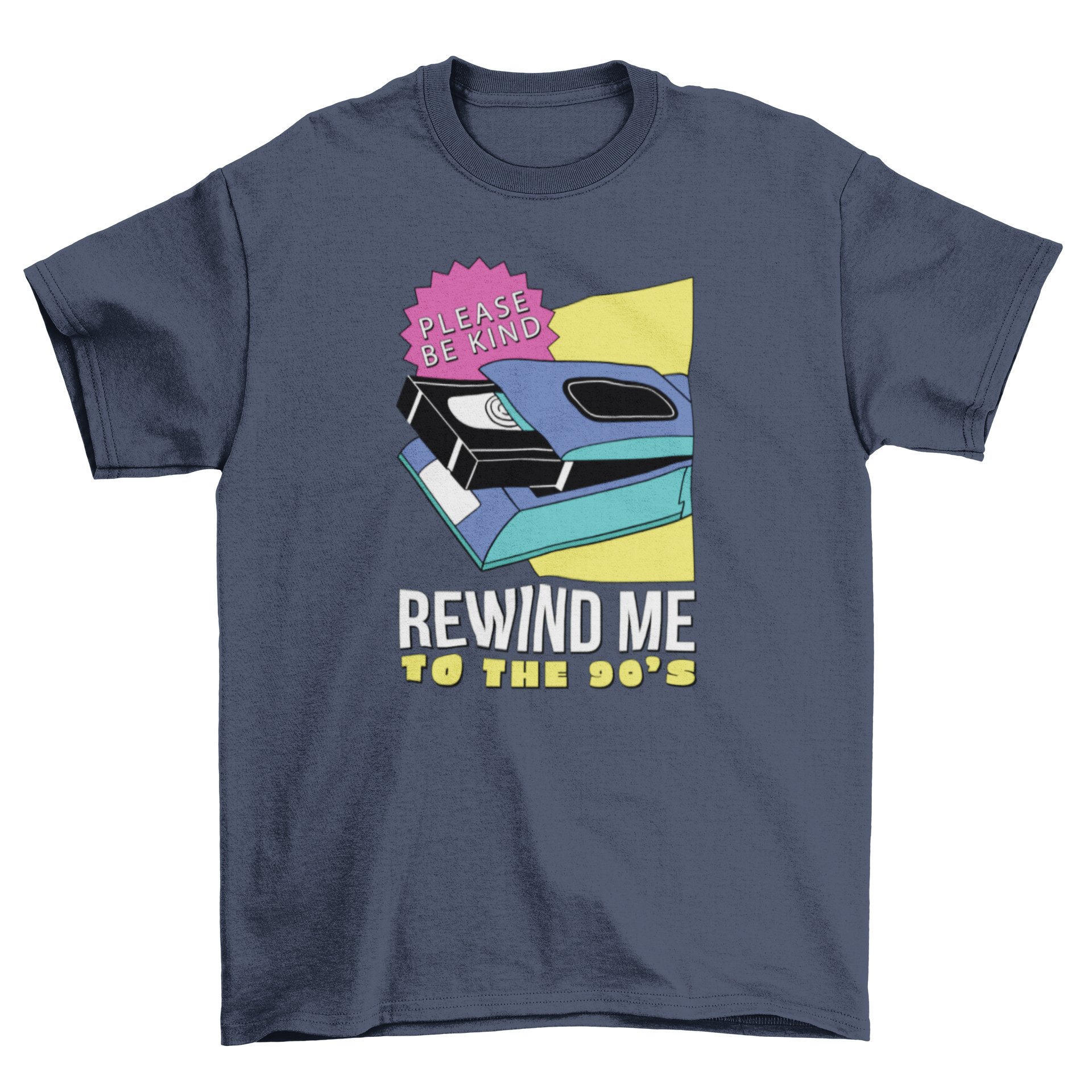 A stylish t-shirt featuring a colorful cassette design and the quote 'Rewind me to the 90's', perfect for nostalgic fashion lovers.