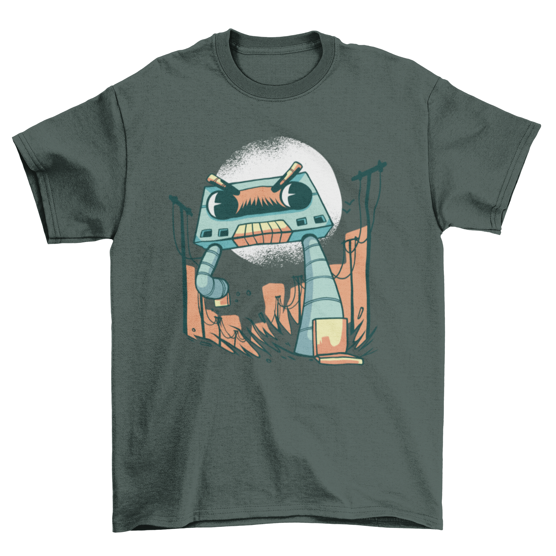 Graphic t-shirt featuring a giant cassette robot with an angry expression walking down the street.