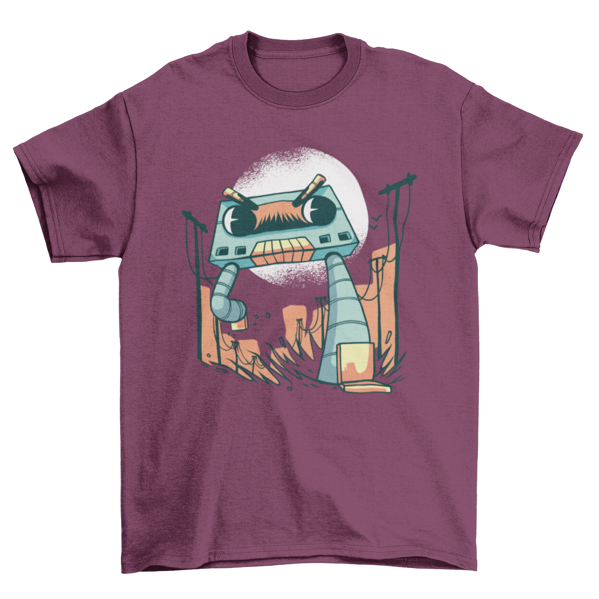 Graphic t-shirt featuring a giant cassette robot with an angry expression walking down the street.