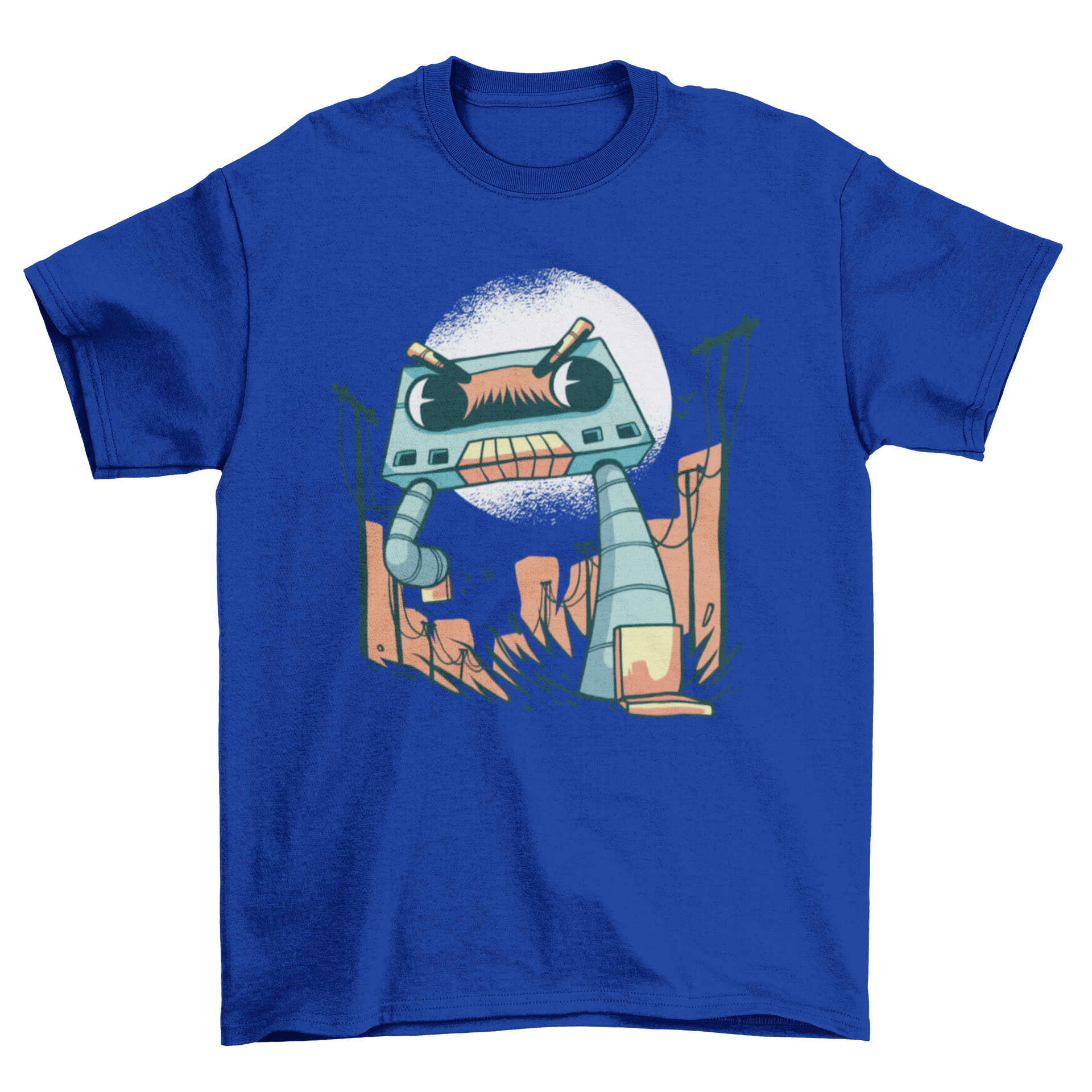 Graphic t-shirt featuring a giant cassette robot with an angry expression walking down the street.