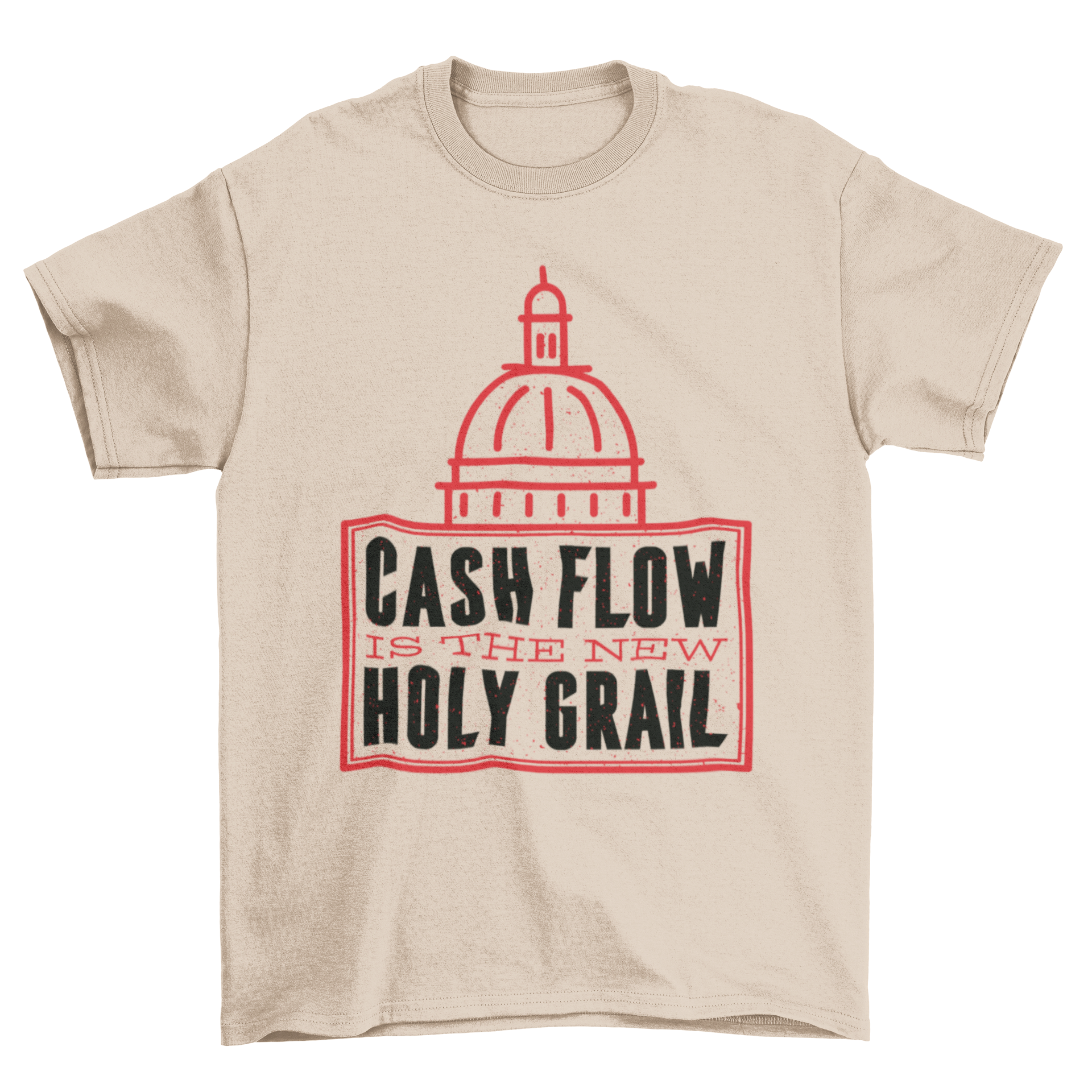 A stylish t-shirt featuring the quote 'Cash flow is the new holy grail' in bold lettering, perfect for finance enthusiasts.