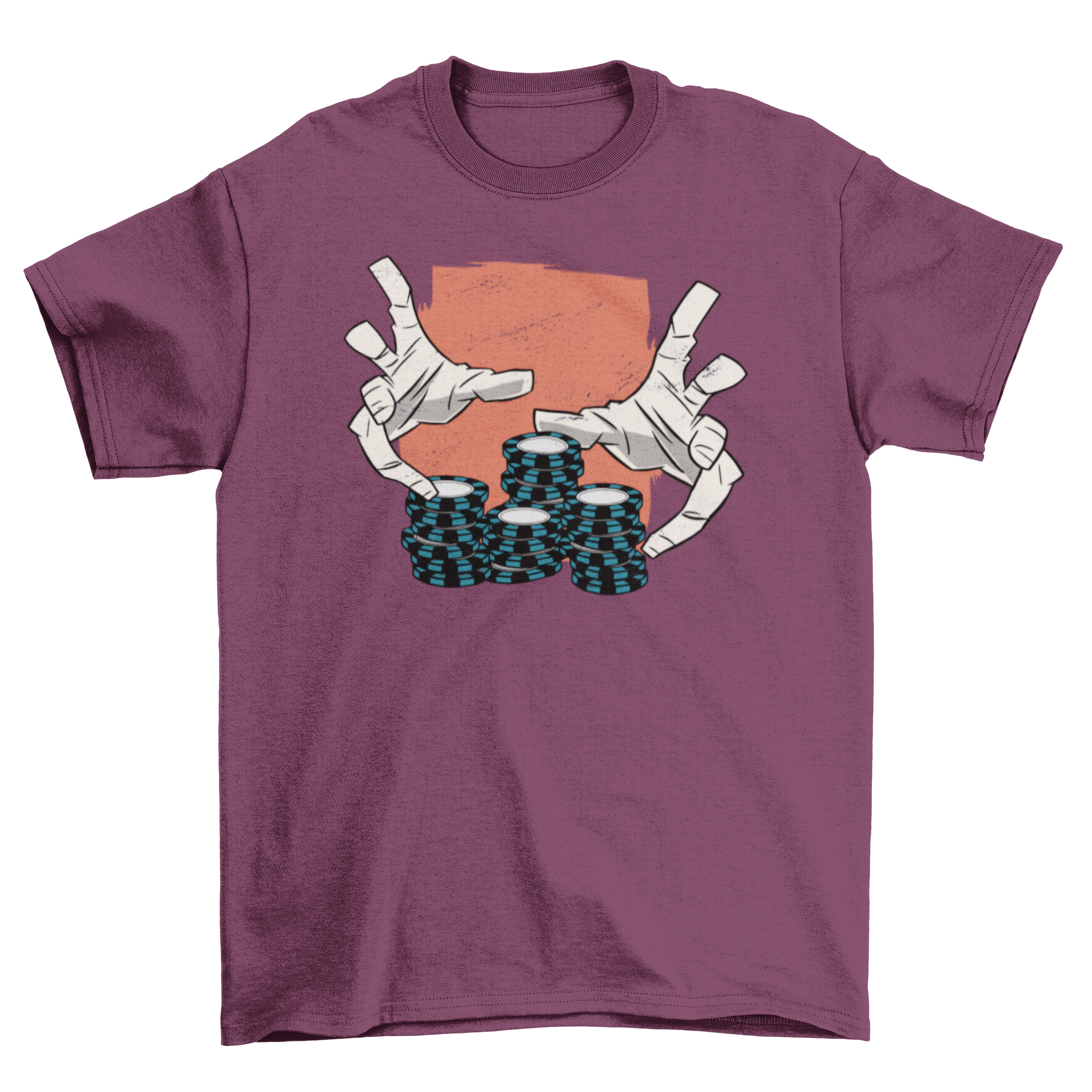 Casino Hands T-Shirt featuring two hands holding poker chips, stylish design.