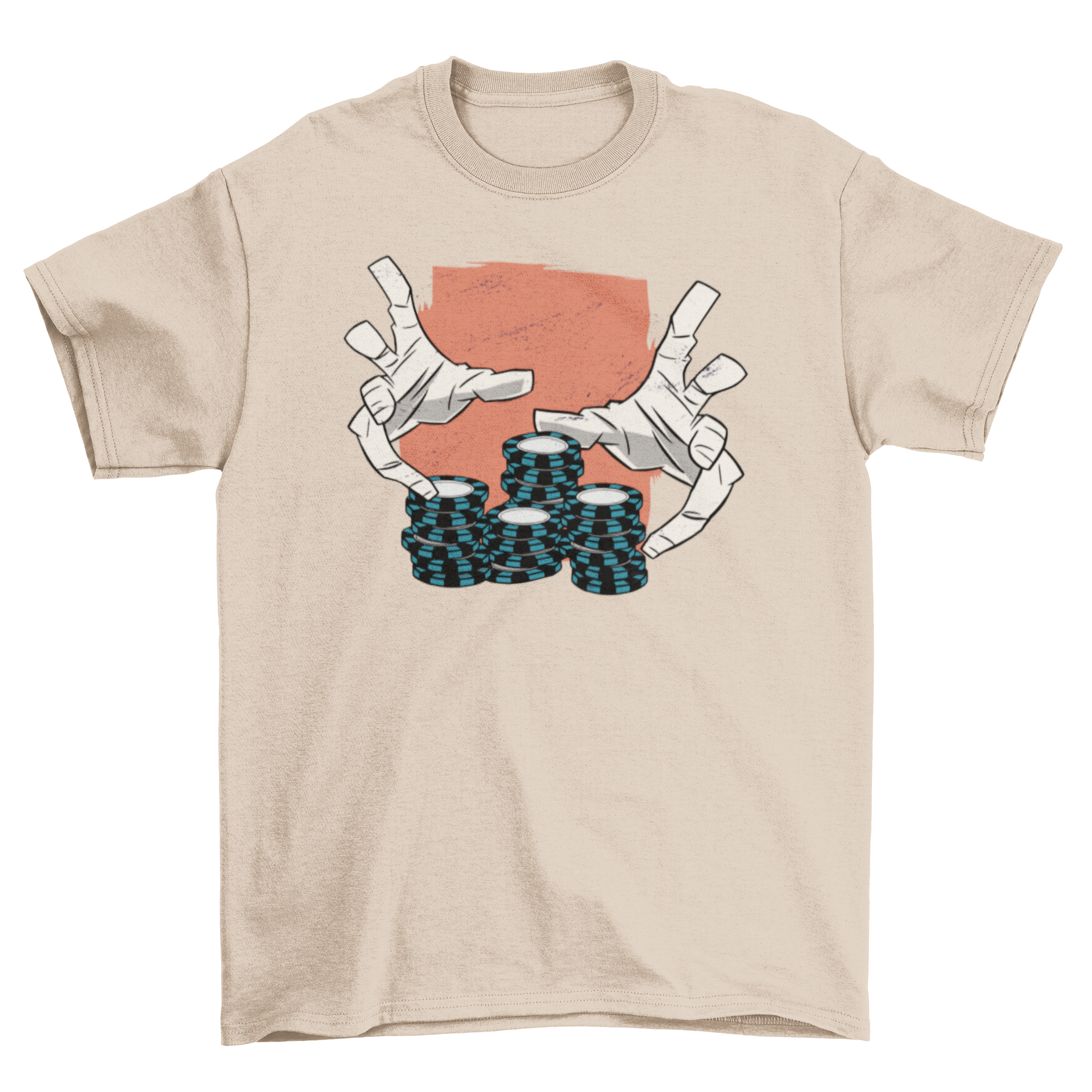 Casino Hands T-Shirt featuring two hands holding poker chips, stylish design.